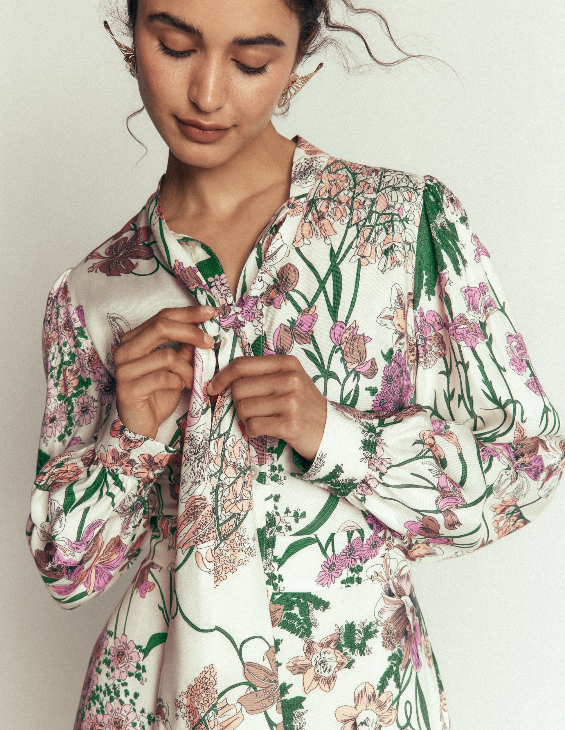 Bow Detail Shirt Dress-Ivory, Whimsical Flora-3