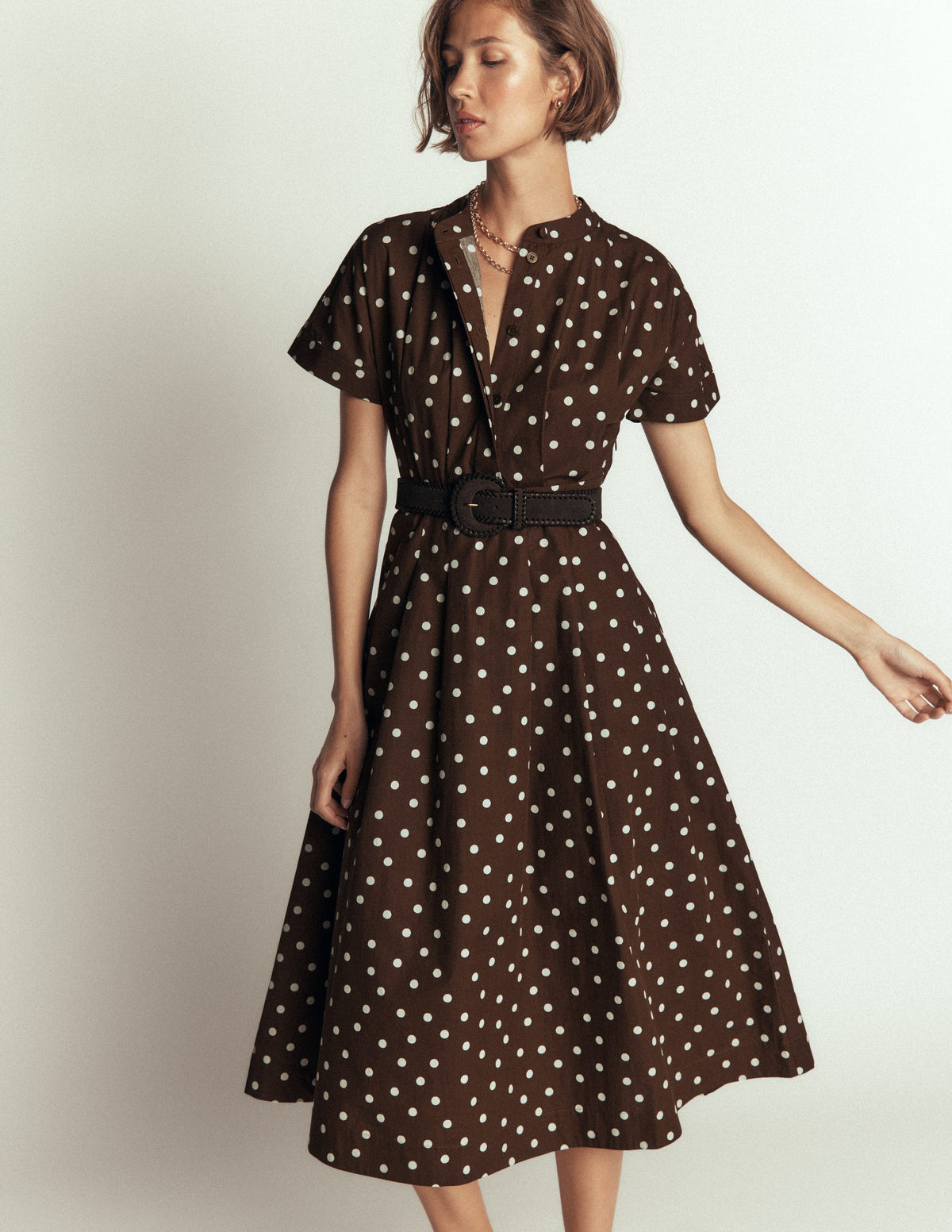 Grown On Sleeve Midi Dress-Raw Umber, Painted Dot Spaced - Image 1