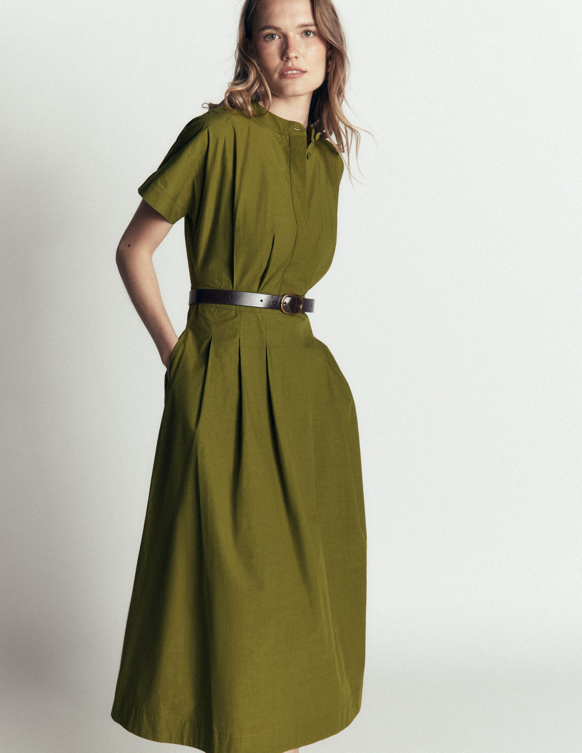 Grown On Sleeve Midi Dress-Olive-4