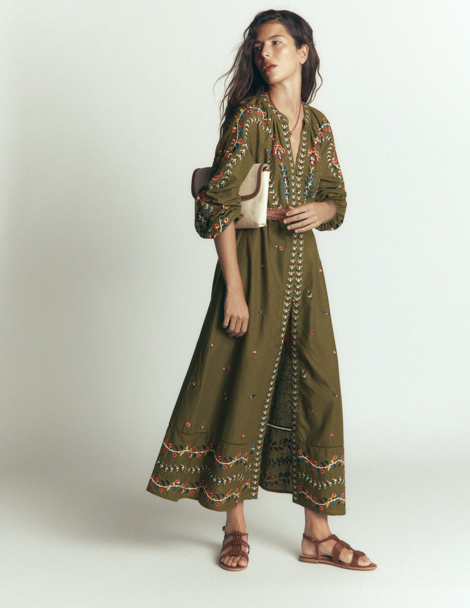 Embroidered Linen Dress-Woodland Green, Embroidery-1