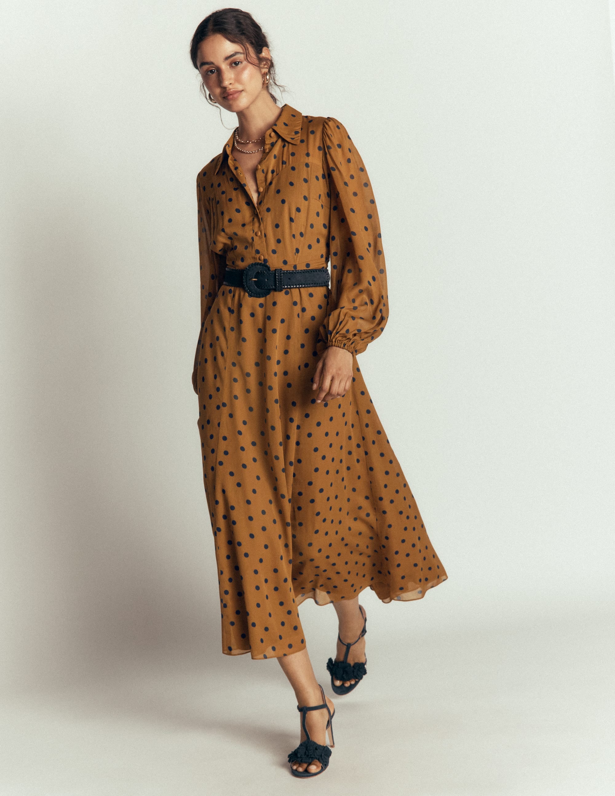 Sheer Yoke Shirt Dress-Rubber and Navy, Painted Dot - Image 1