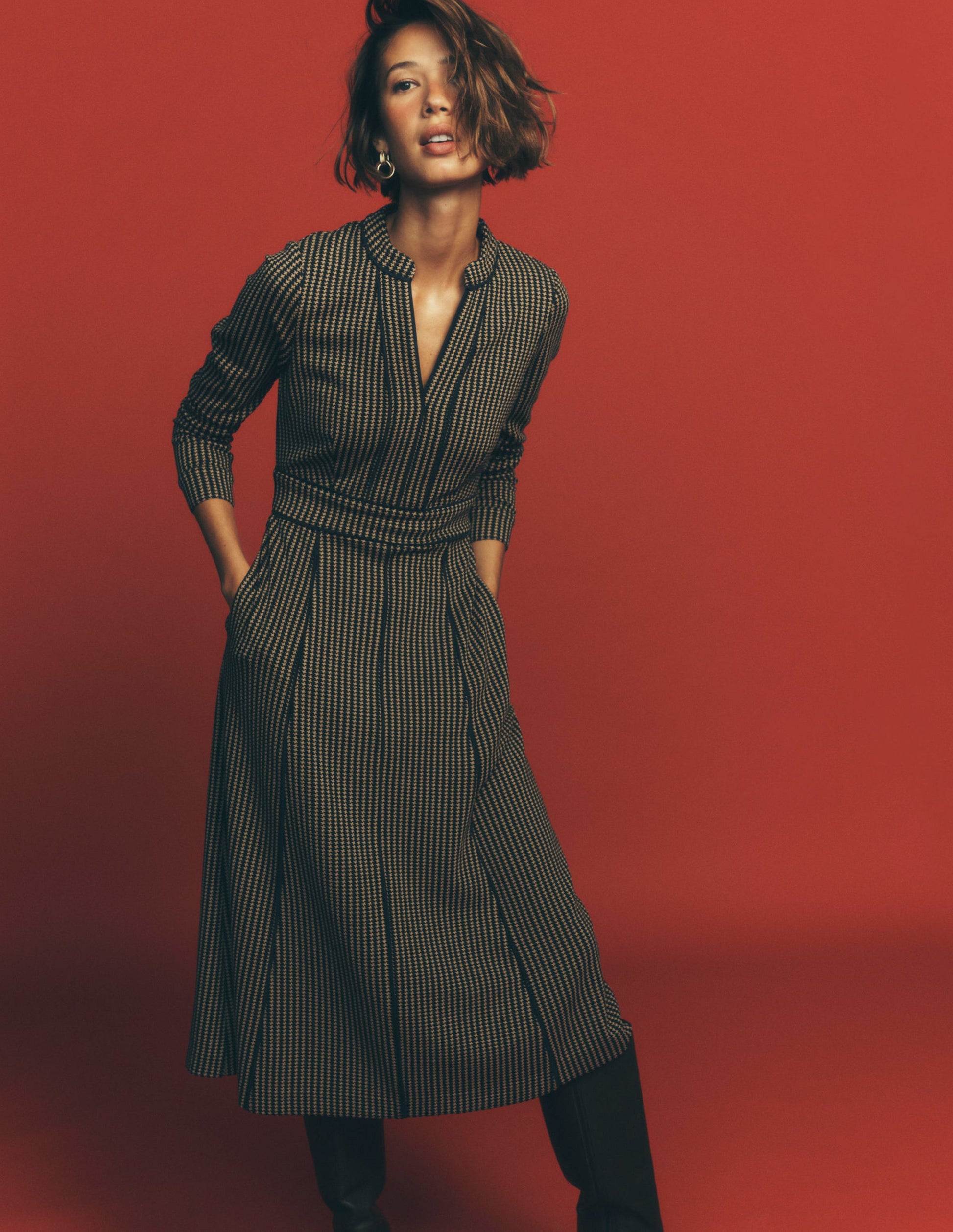 Alex Ponte Contrast Midi Dress-Navy/Camel Texture-1