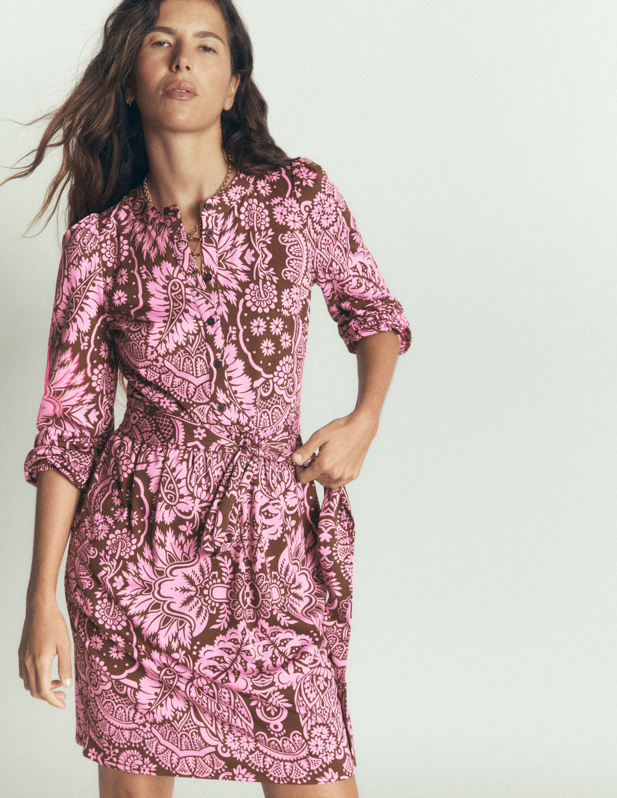 Adele Belted Jersey Dress-Raw Umber, Arabesque Meadows-3