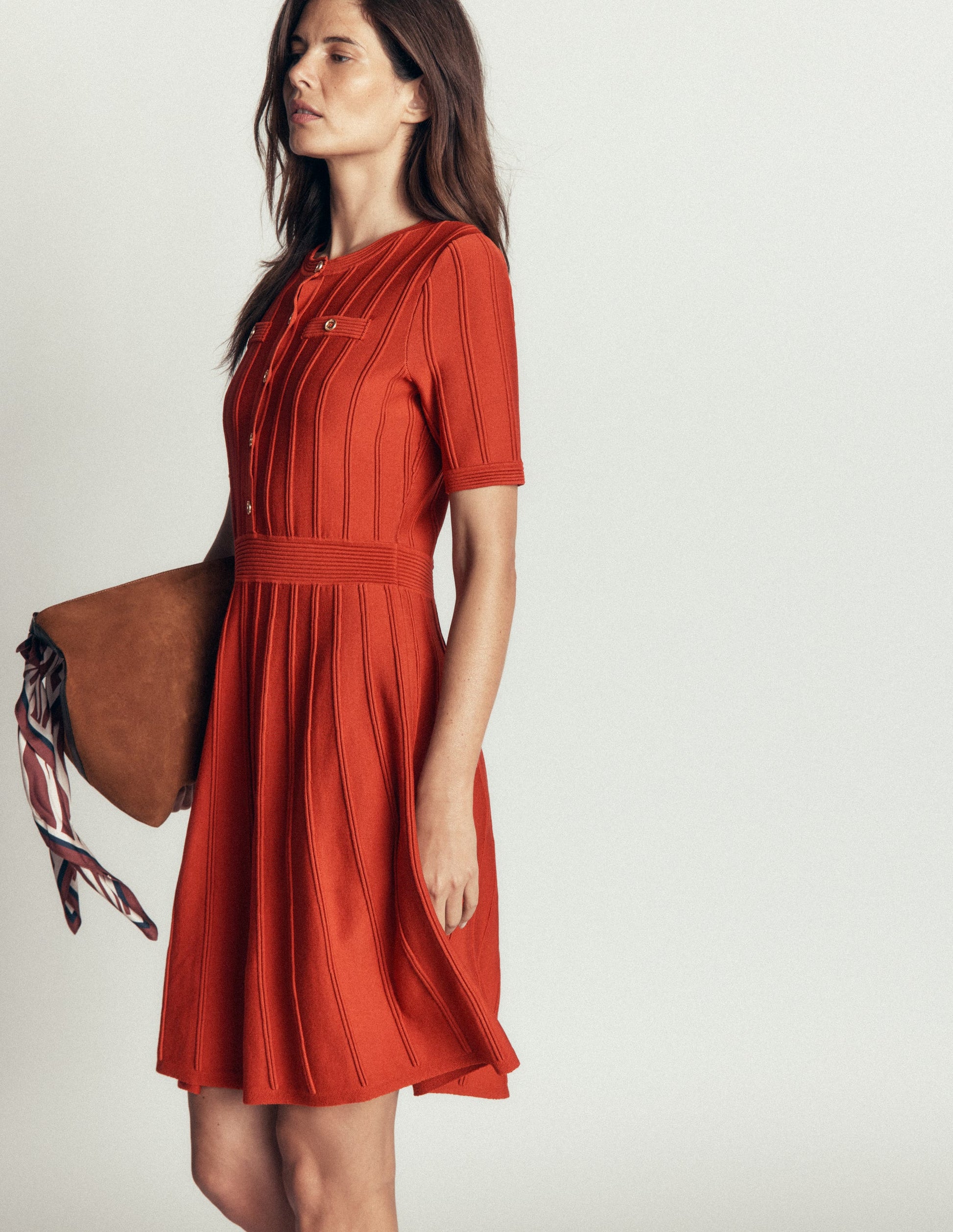 Button Front Stitch Dress-Burnt Orange-4