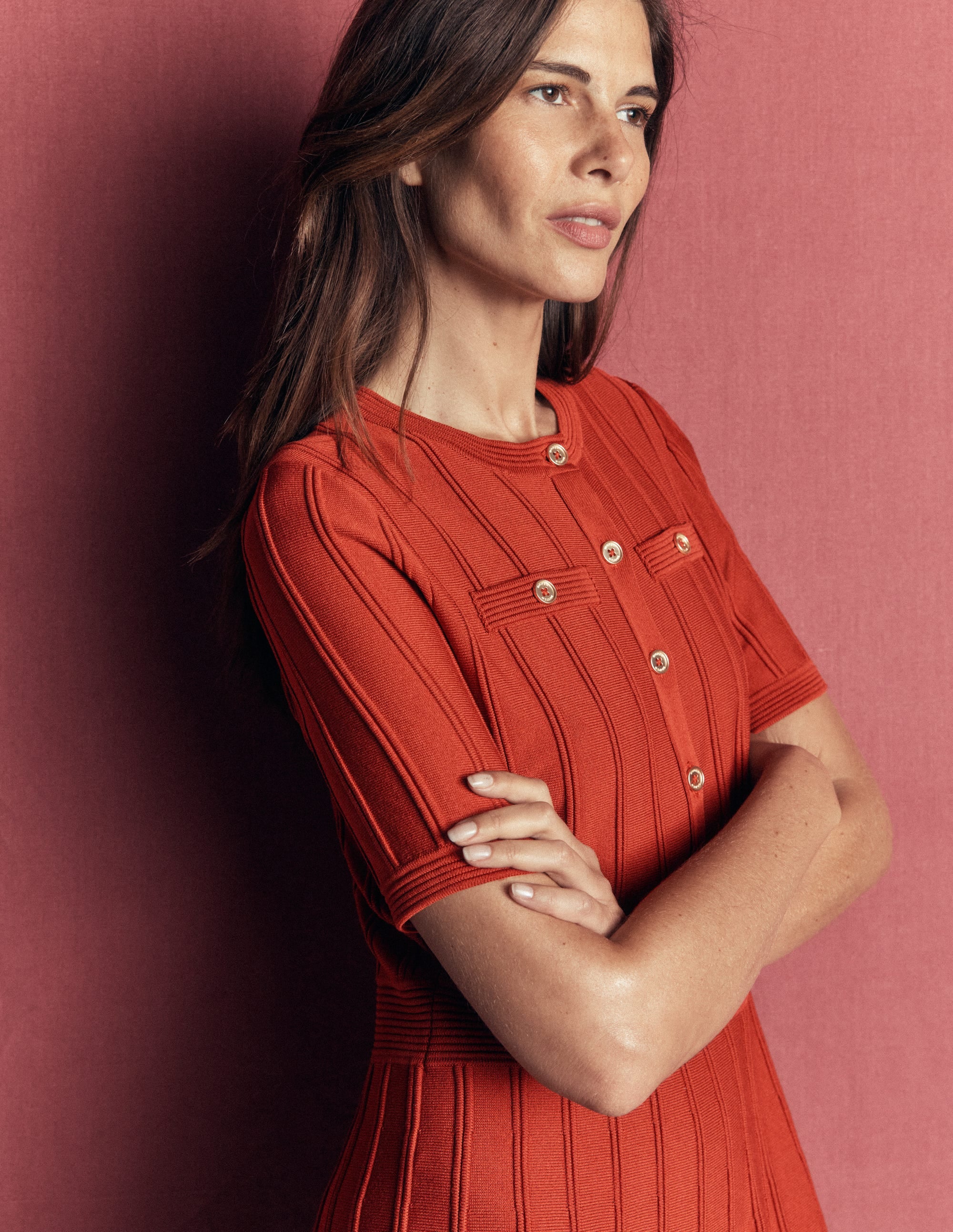 Button Front Stitch Dress-Burnt Orange - Image 5