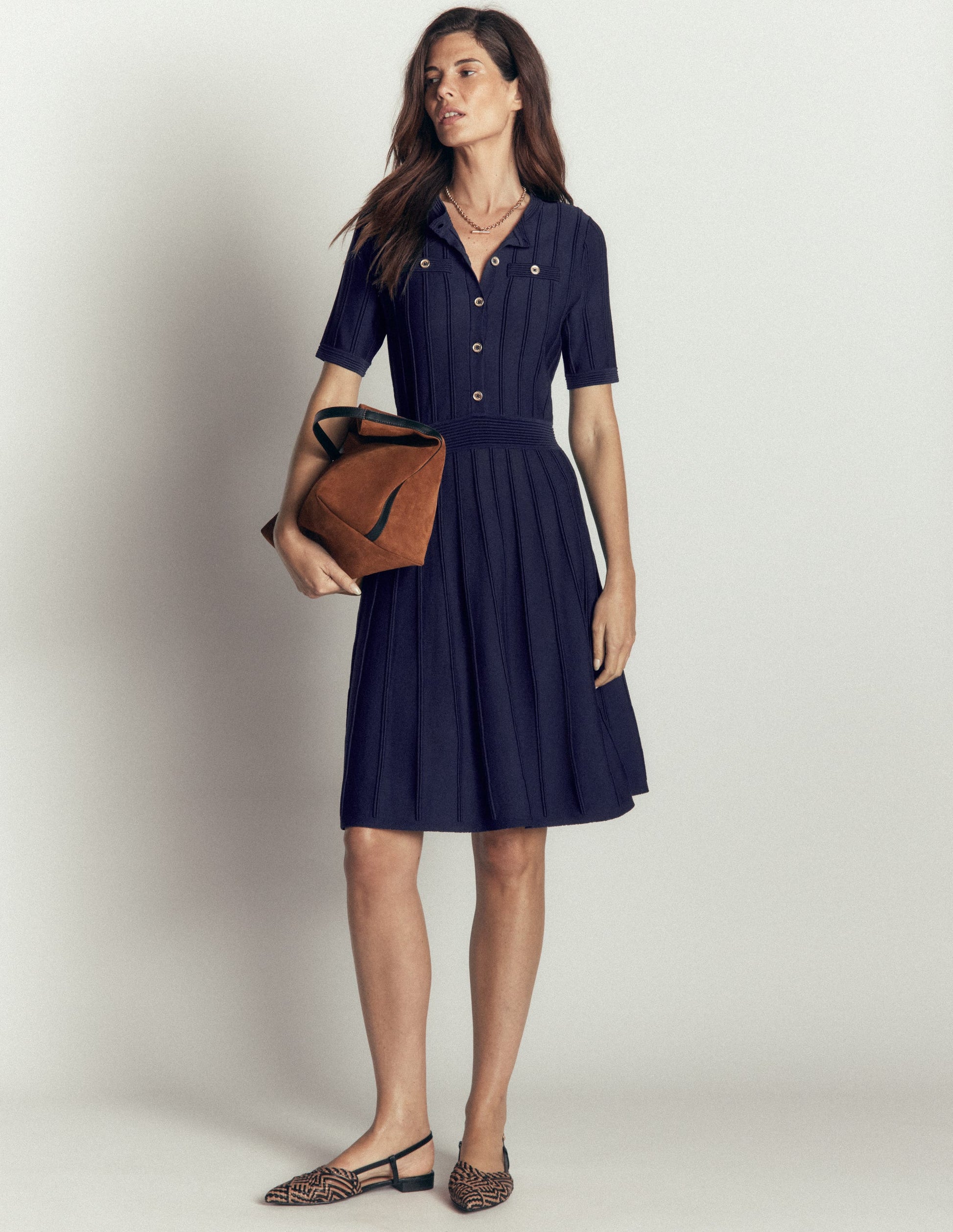 Button Front Stitch Dress-Navy-1