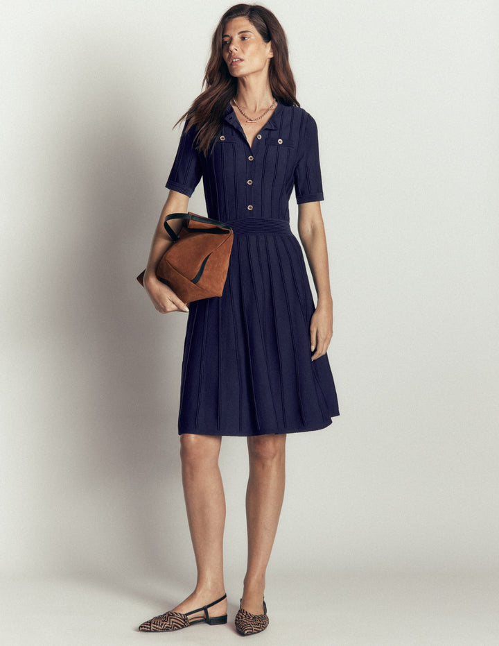 Button Front Stitch Dress-Navy
