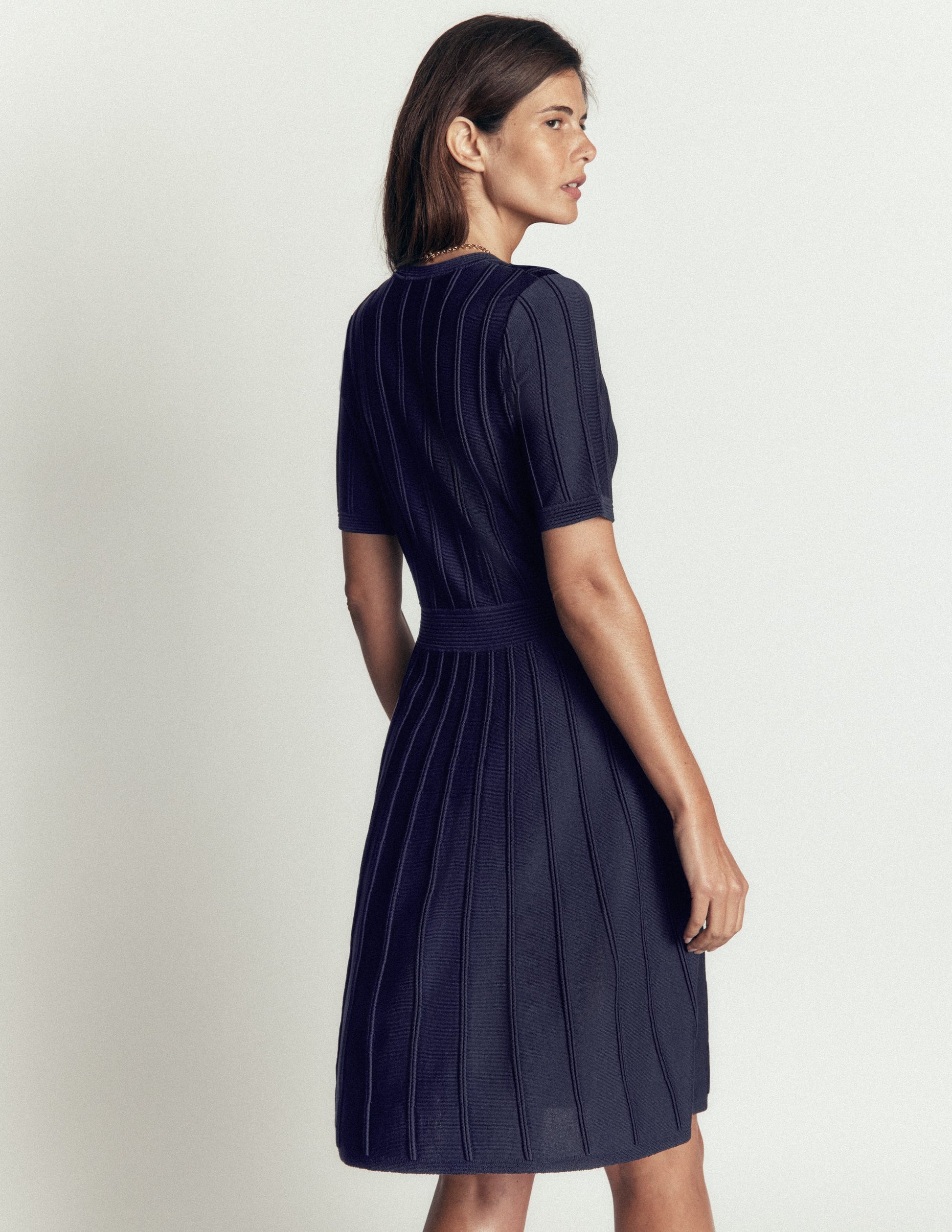 Button Front Stitch Dress-Navy-3