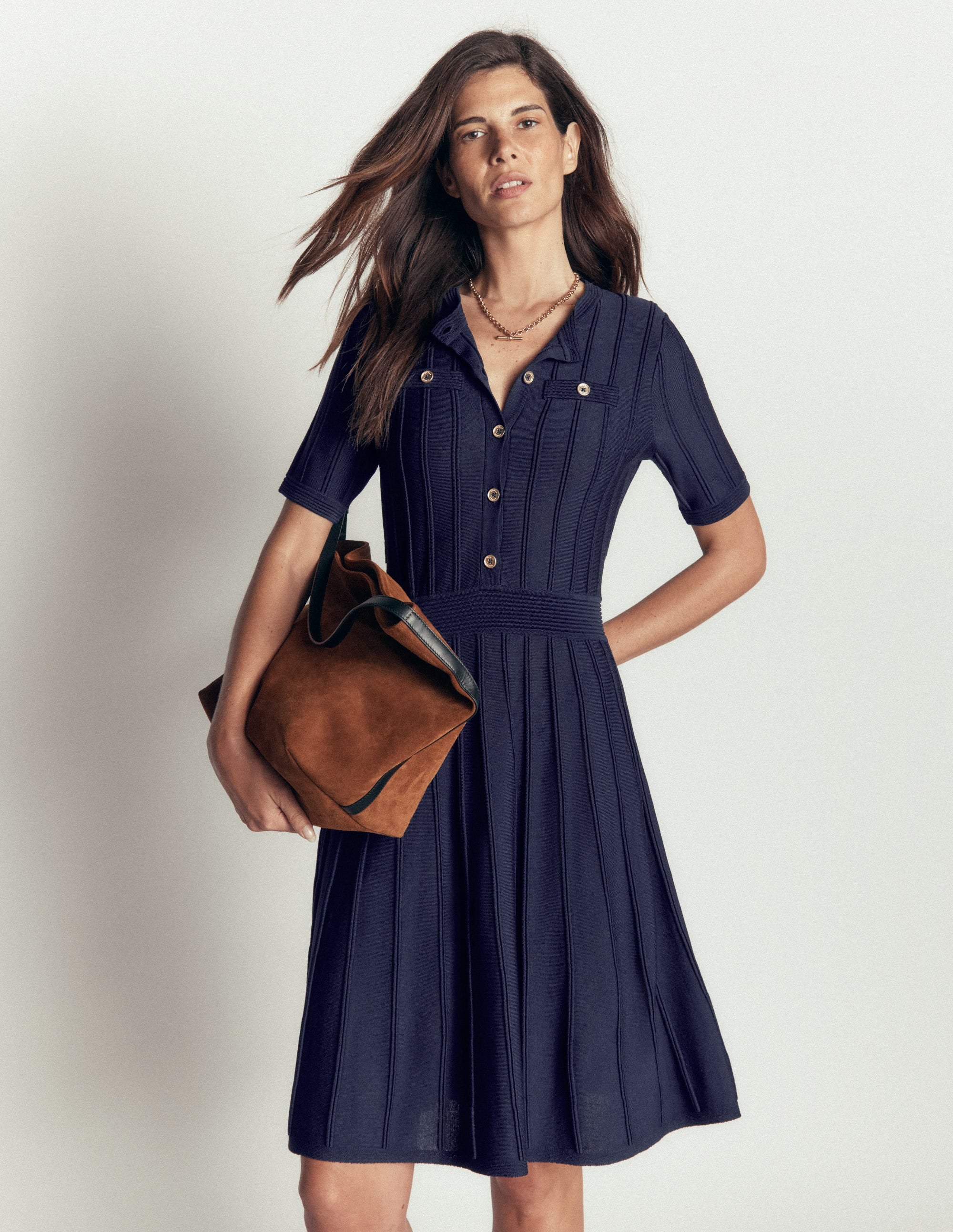 Button Front Stitch Dress-Navy - Image 4