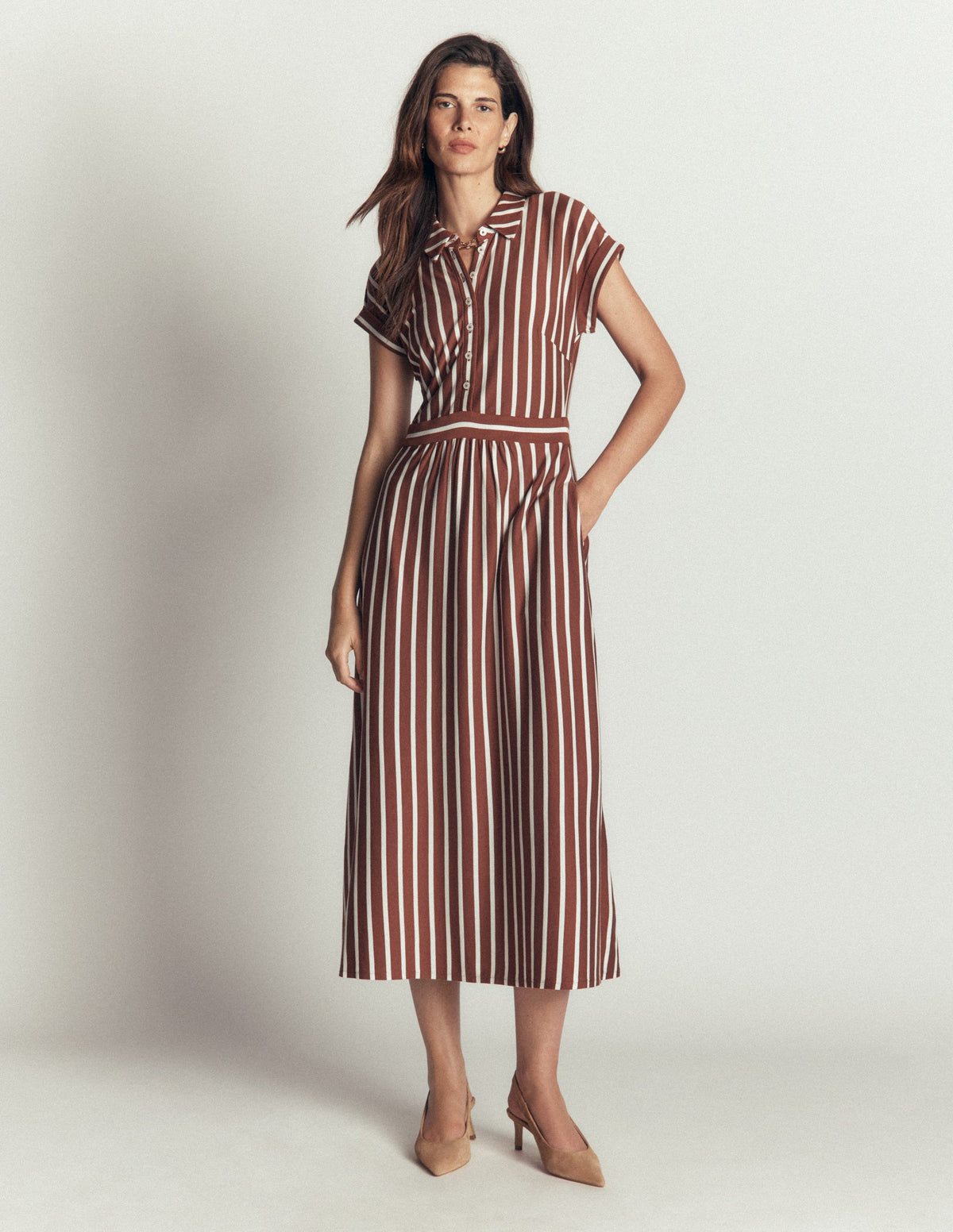 Fae Jersey Shirt Dress-Brown Stripe - Image 5