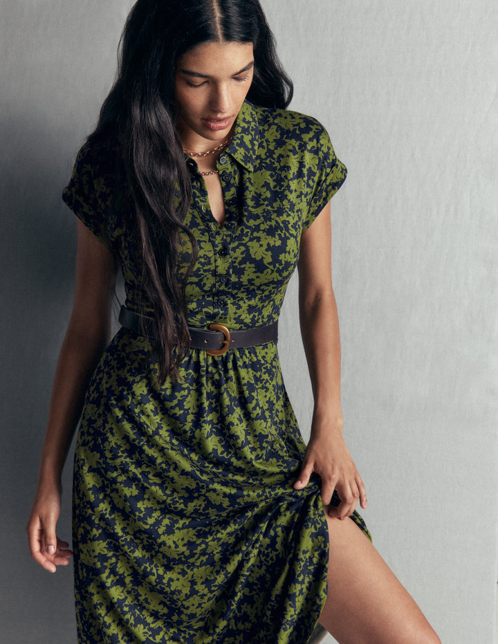 Fae Jersey Shirt Dress-Forest Green, Sprayed Leaf