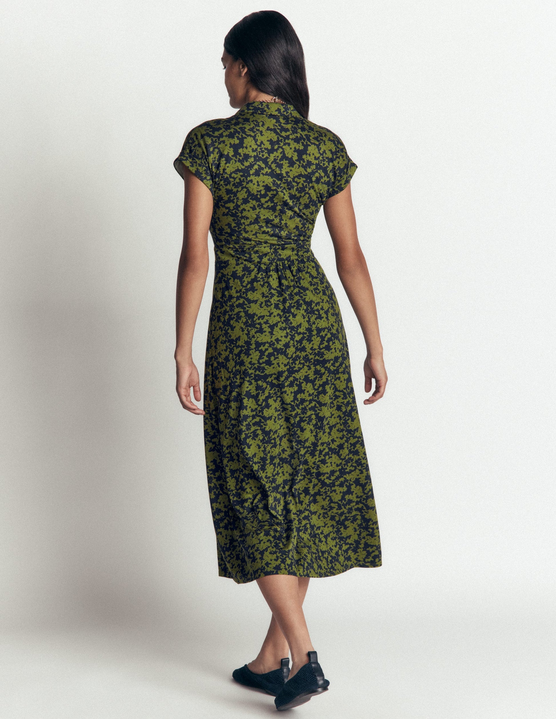 Fae Jersey Shirt Dress-Forest Green, Sprayed Leaf-3