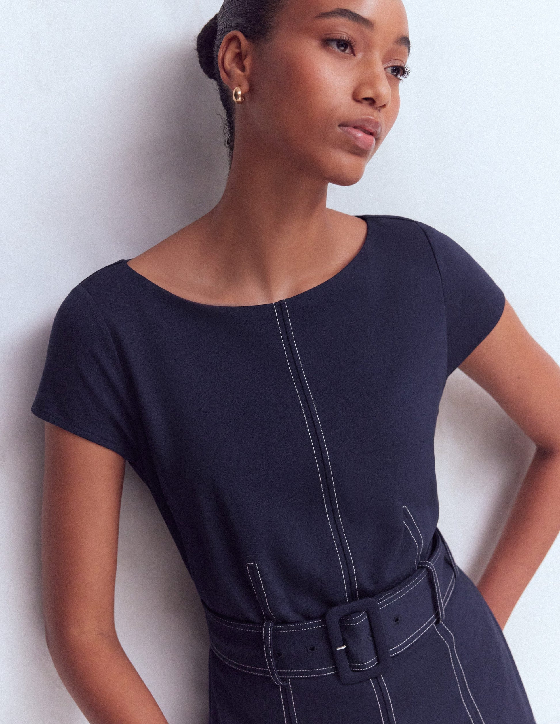 Boden Women's Topstitch Ponte Midi Dress in Blue