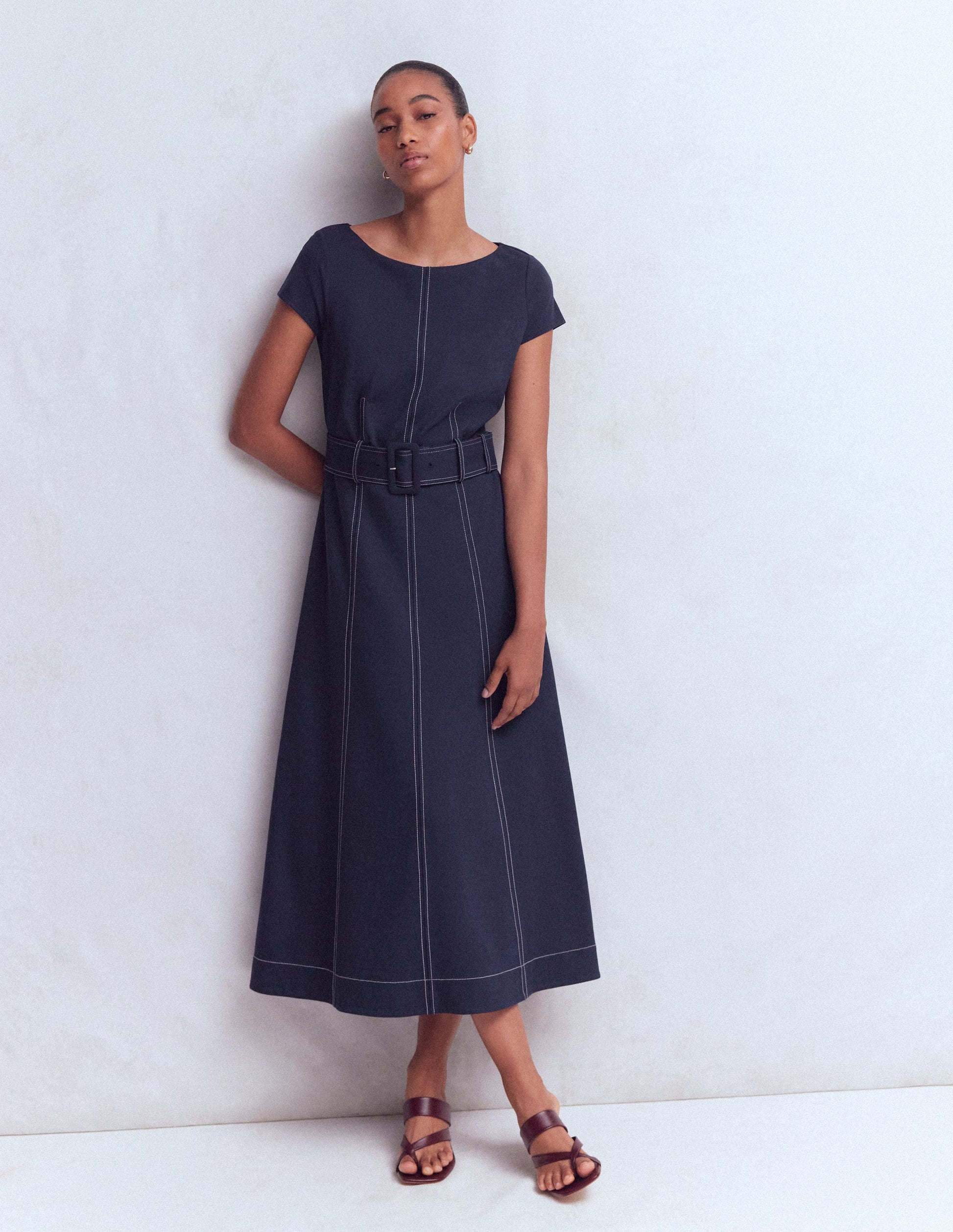 knee length ponte dress Boden Women's Belted Ponte Midi Dress in Green