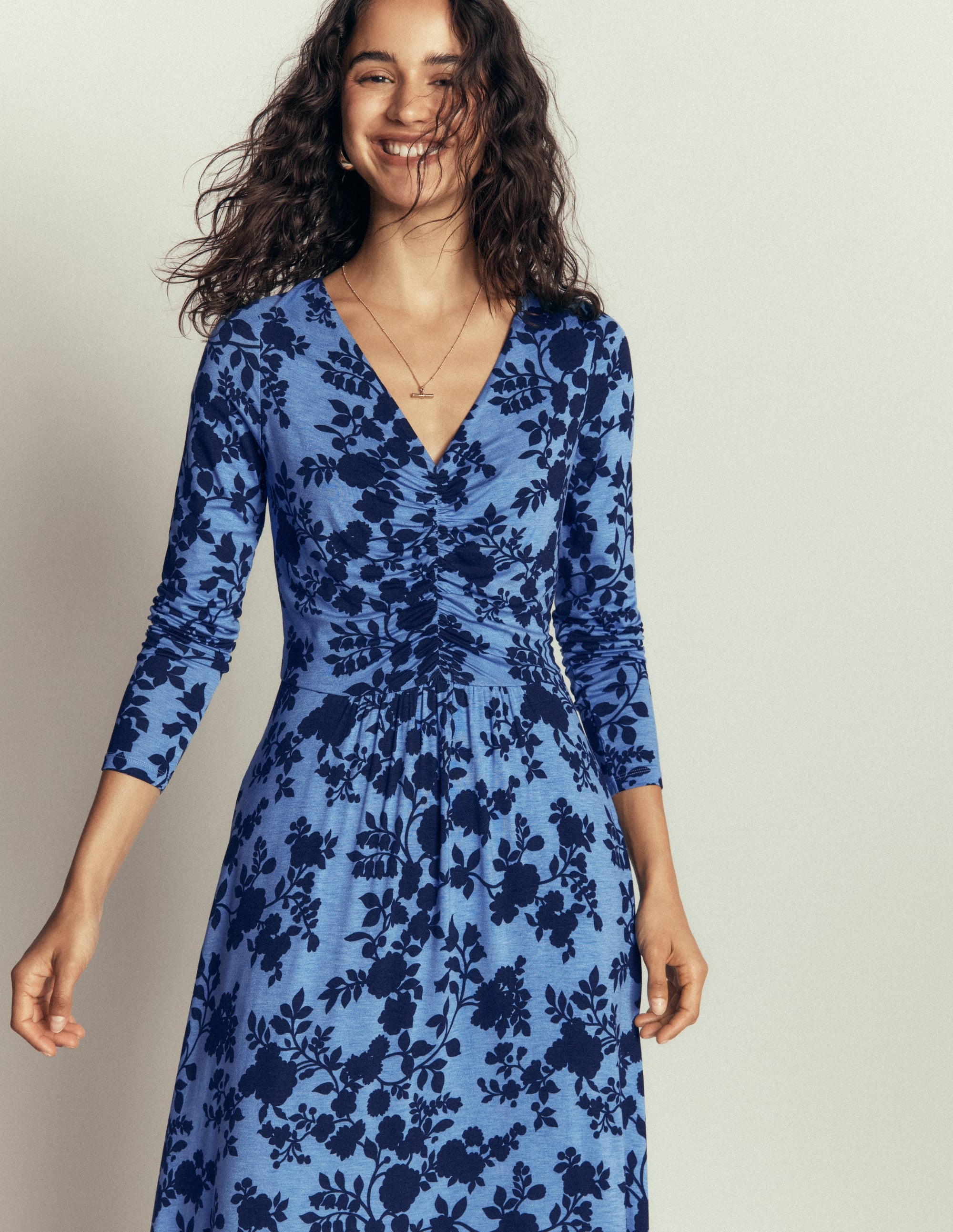 Jasmine Ruched Jersey Dress-Forget Me Not, Bouquet Breeze - Image 1