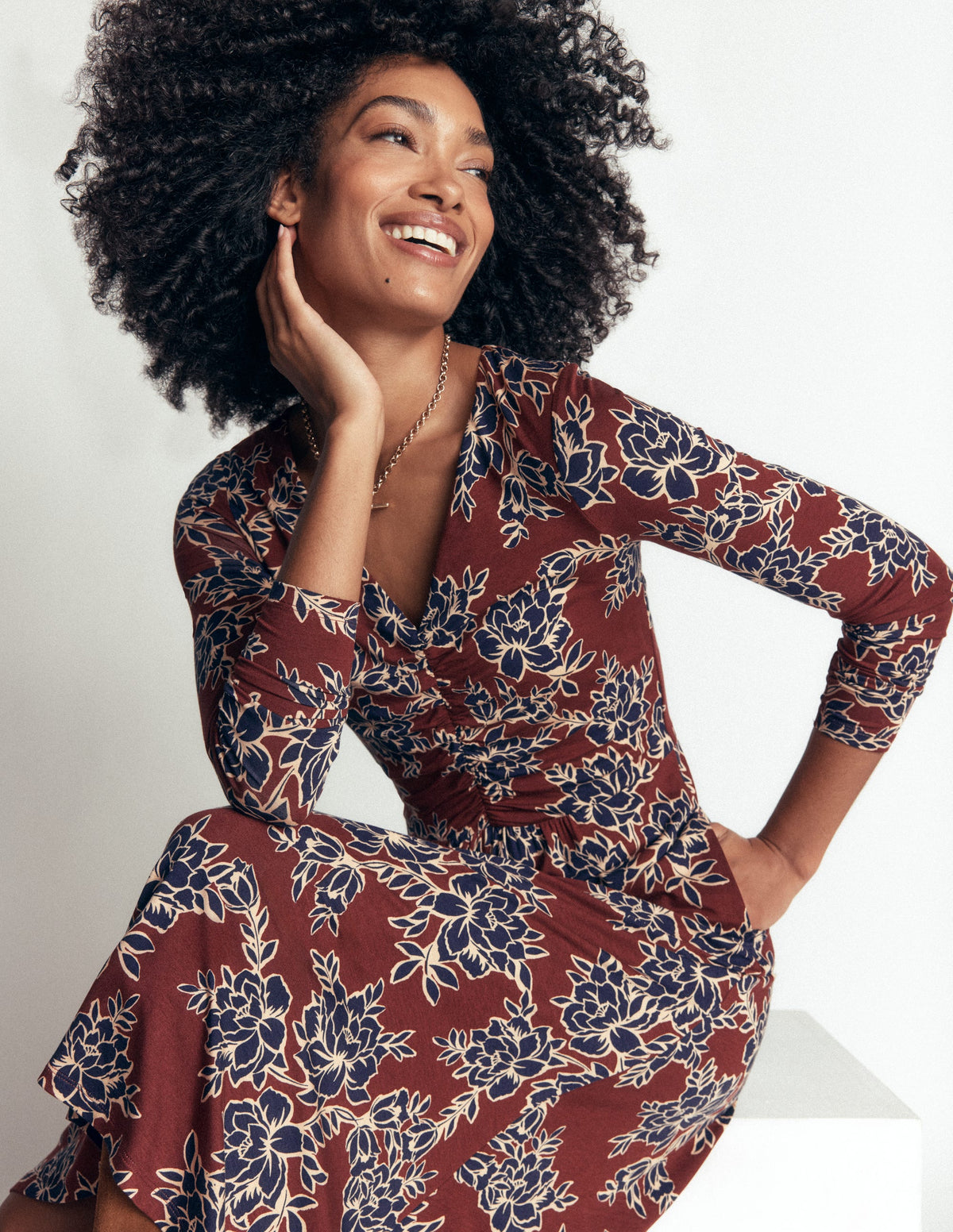 Jasmine Ruched Jersey Dress-Roasted Brown, Enchanted Peony - Image 2