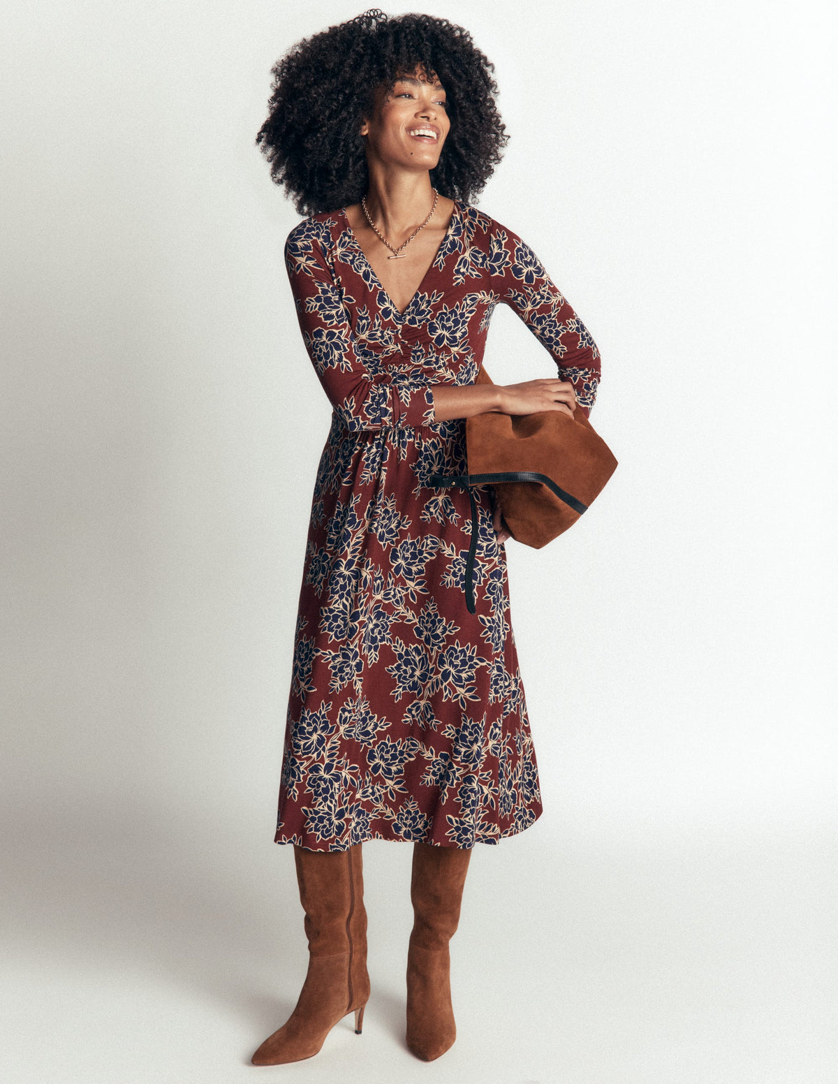 Jasmine Ruched Jersey Dress-Roasted Brown, Enchanted Peony-5