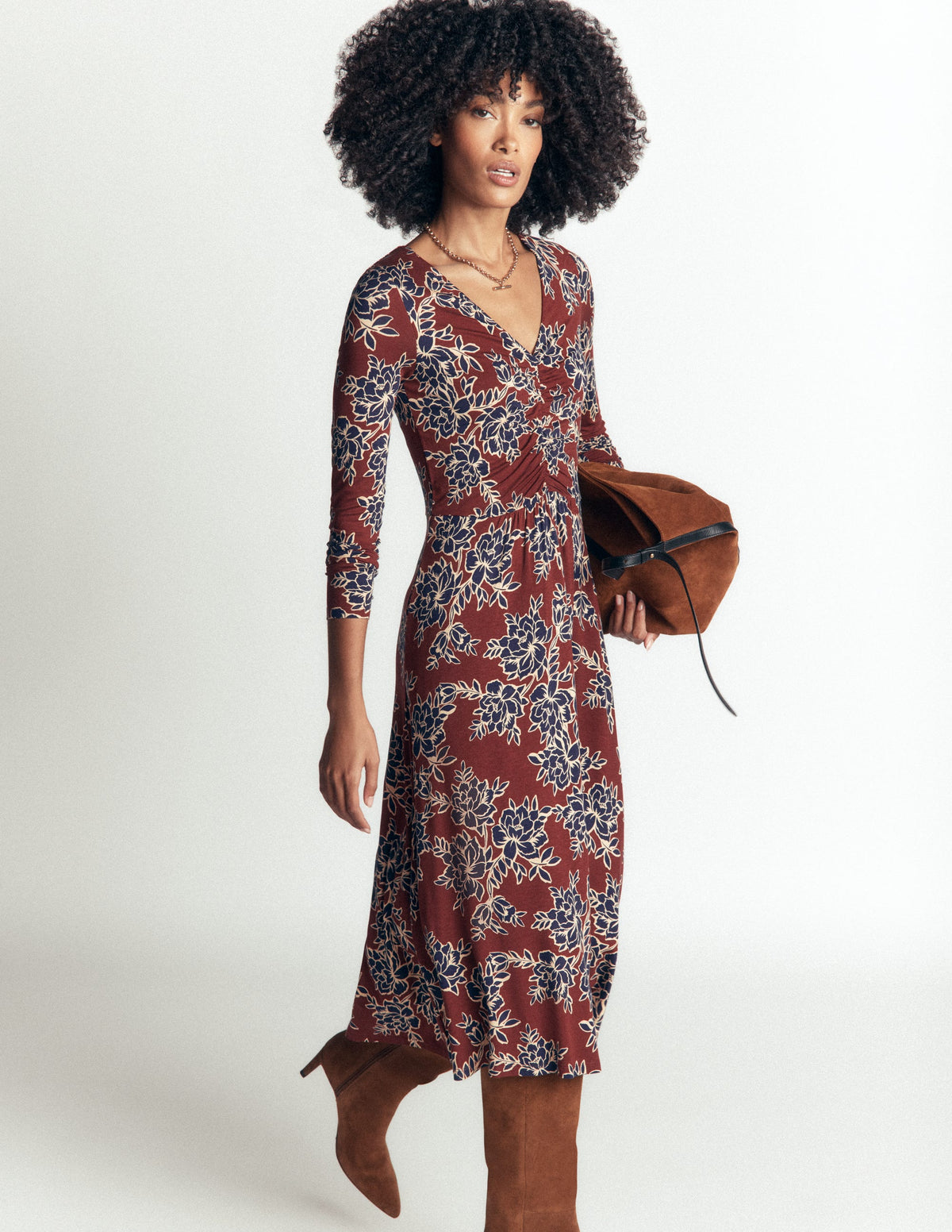 Jasmine Ruched Jersey Dress-Roasted Brown, Enchanted Peony-6