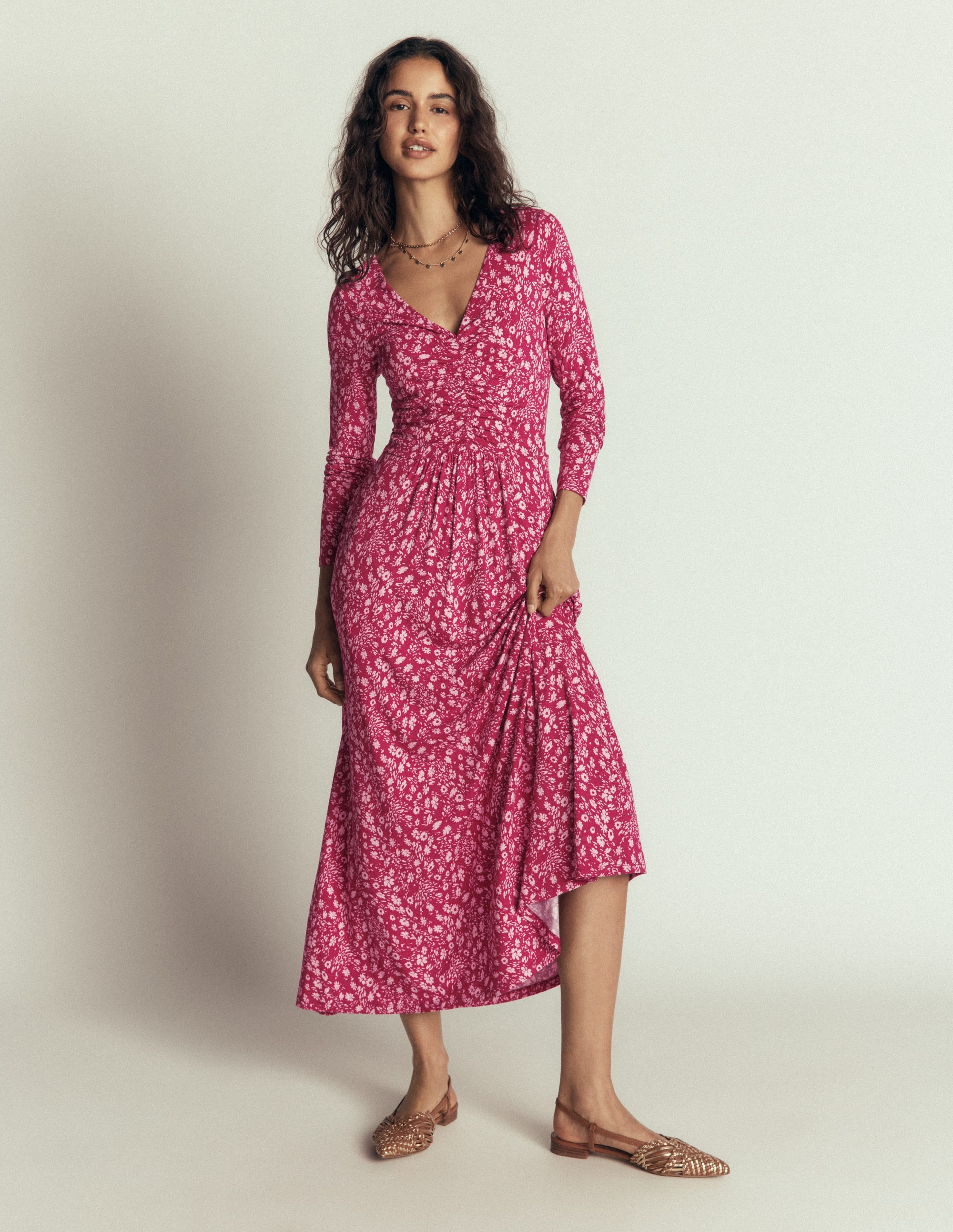 Jasmine Ruched Jersey Dress-Sweet Cherry, Scattered Flora - Image 2
