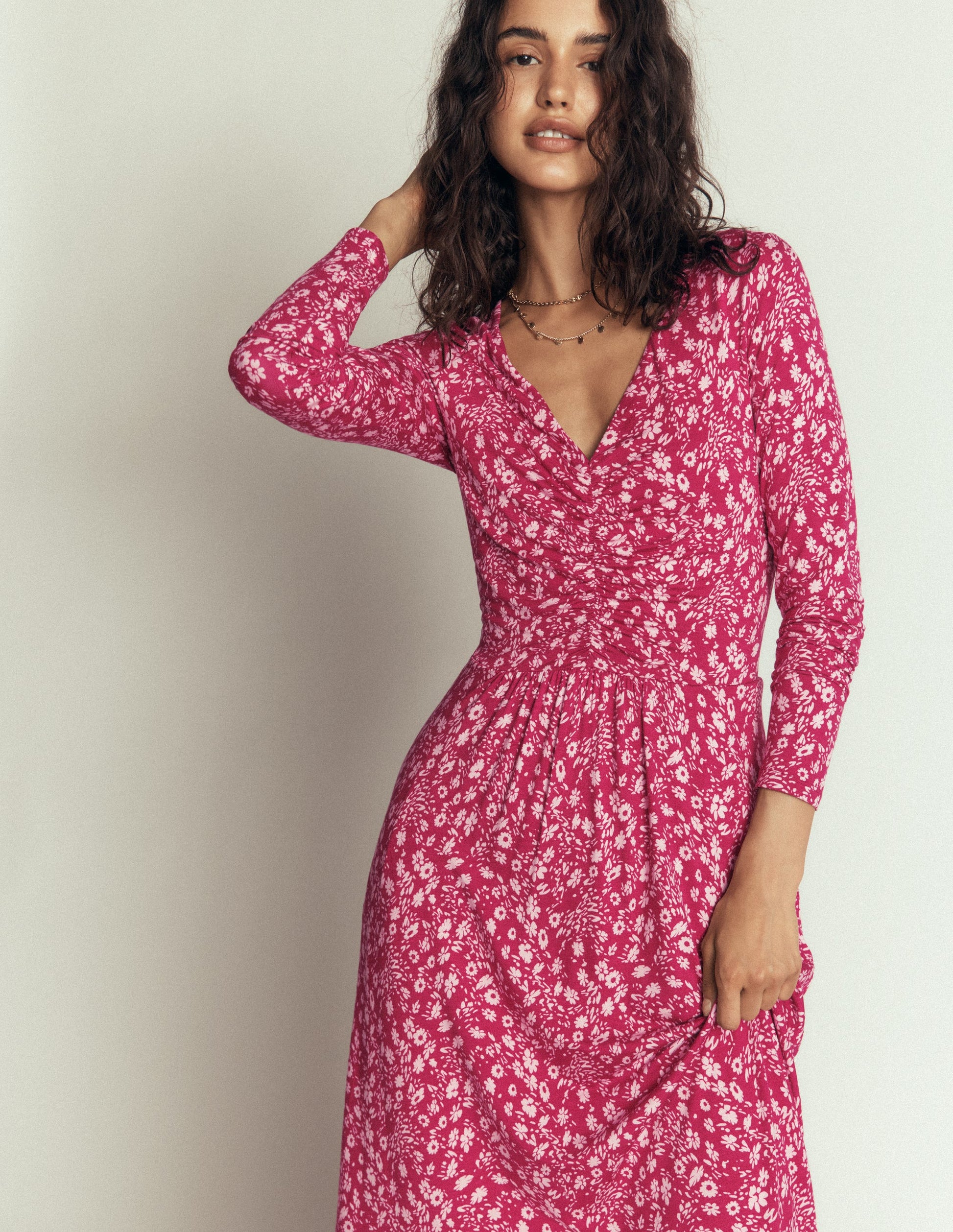 Jasmine Ruched Jersey Dress-Sweet Cherry, Scattered Flora-6