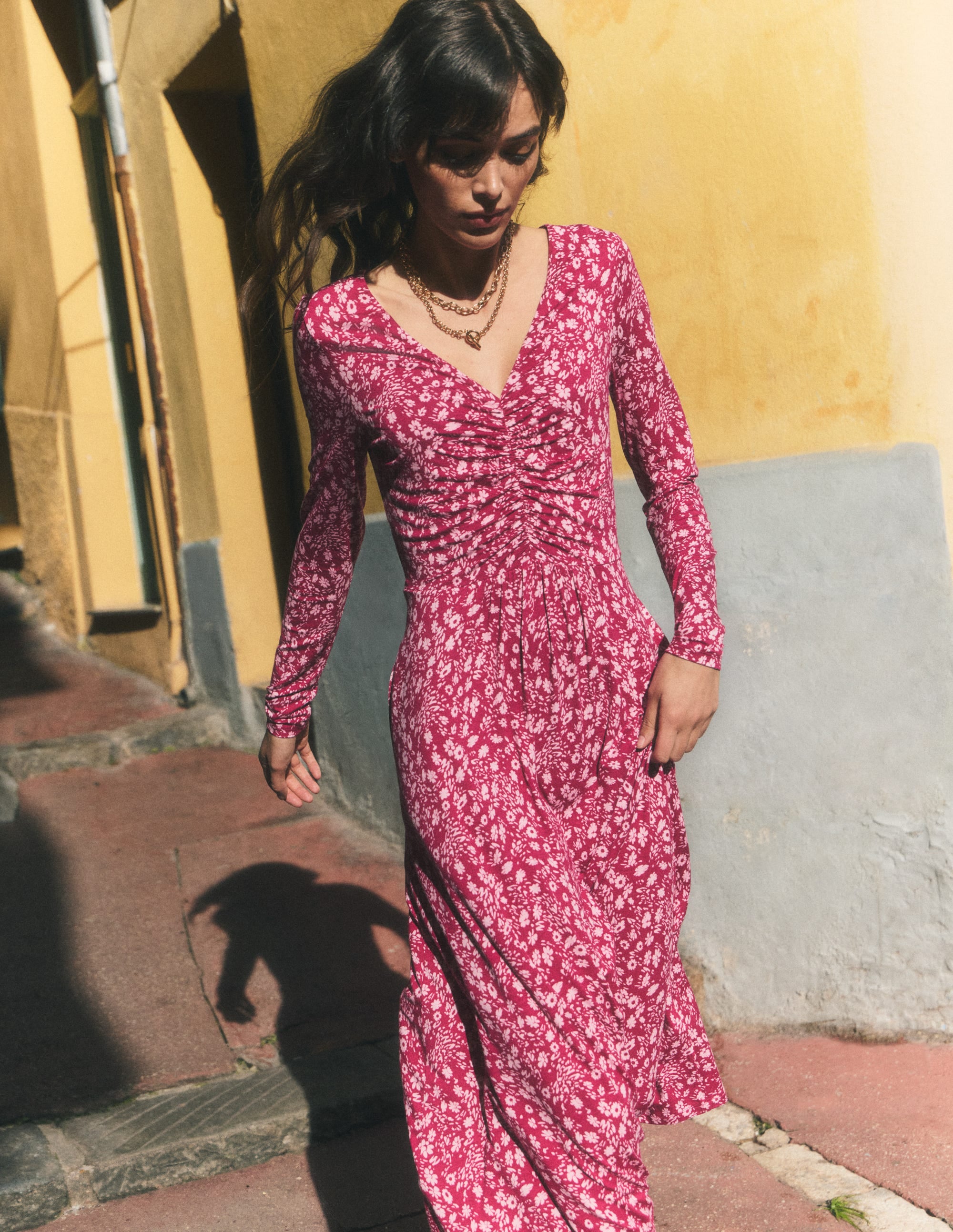 Jasmine Ruched Jersey Dress-Sweet Cherry, Scattered Flora - Image 1