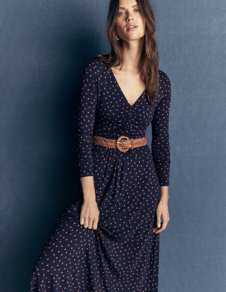 Jasmine Ruched Jersey Dress-French Navy, Painted Dot Space