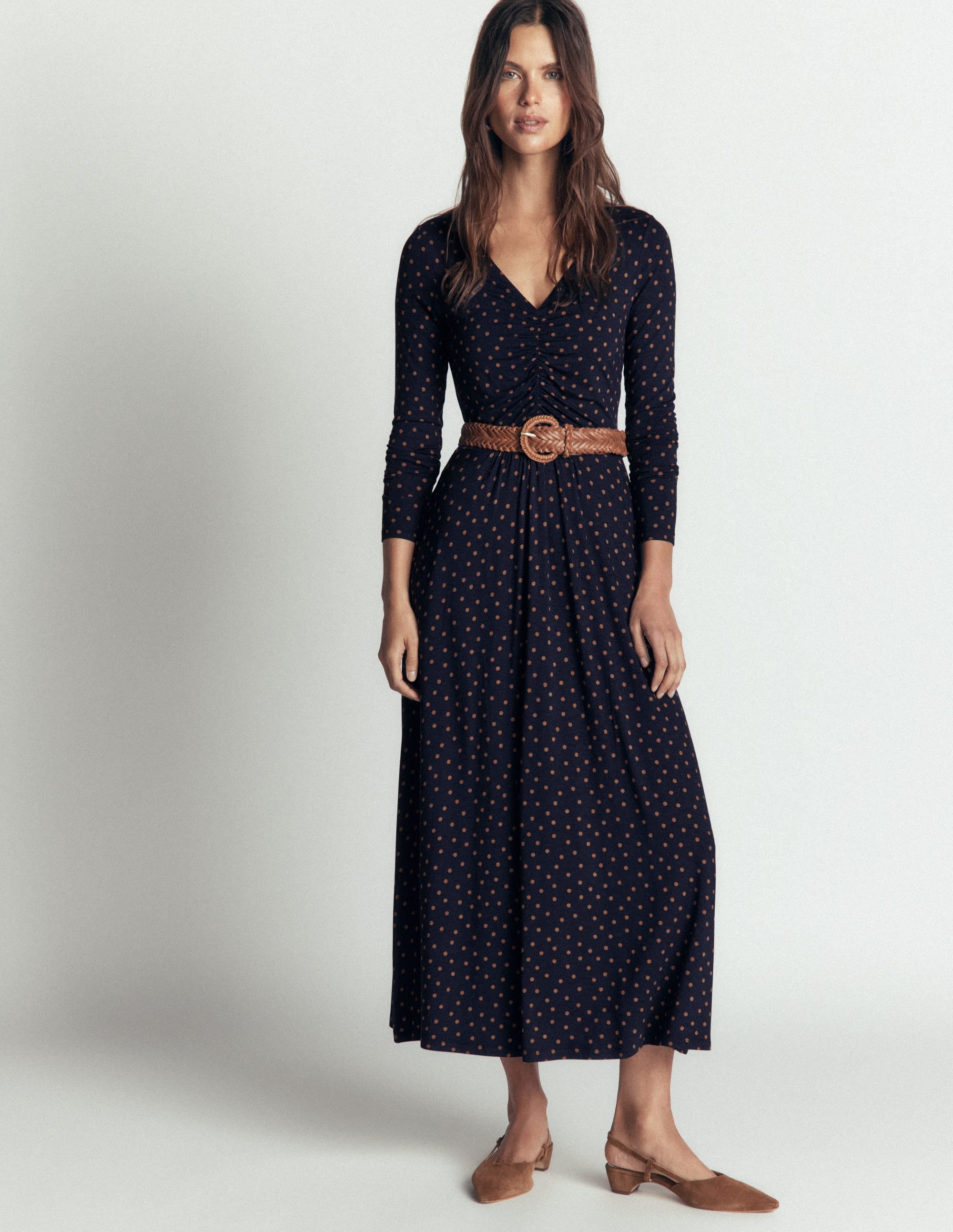 Jasmine Ruched Jersey Dress-French Navy, Painted Dot Space - Image 1