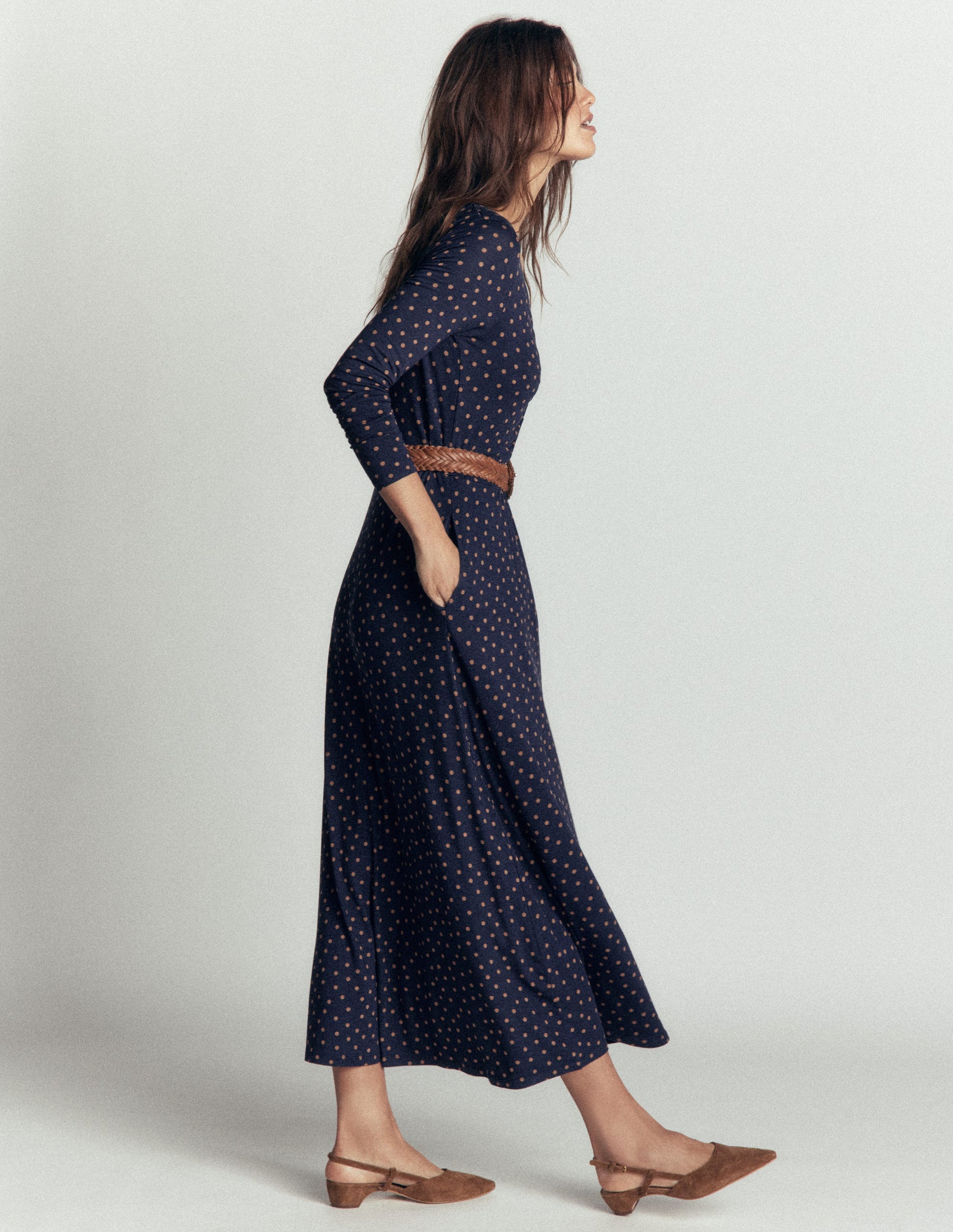 Jasmine Ruched Jersey Dress-French Navy, Painted Dot Space-4