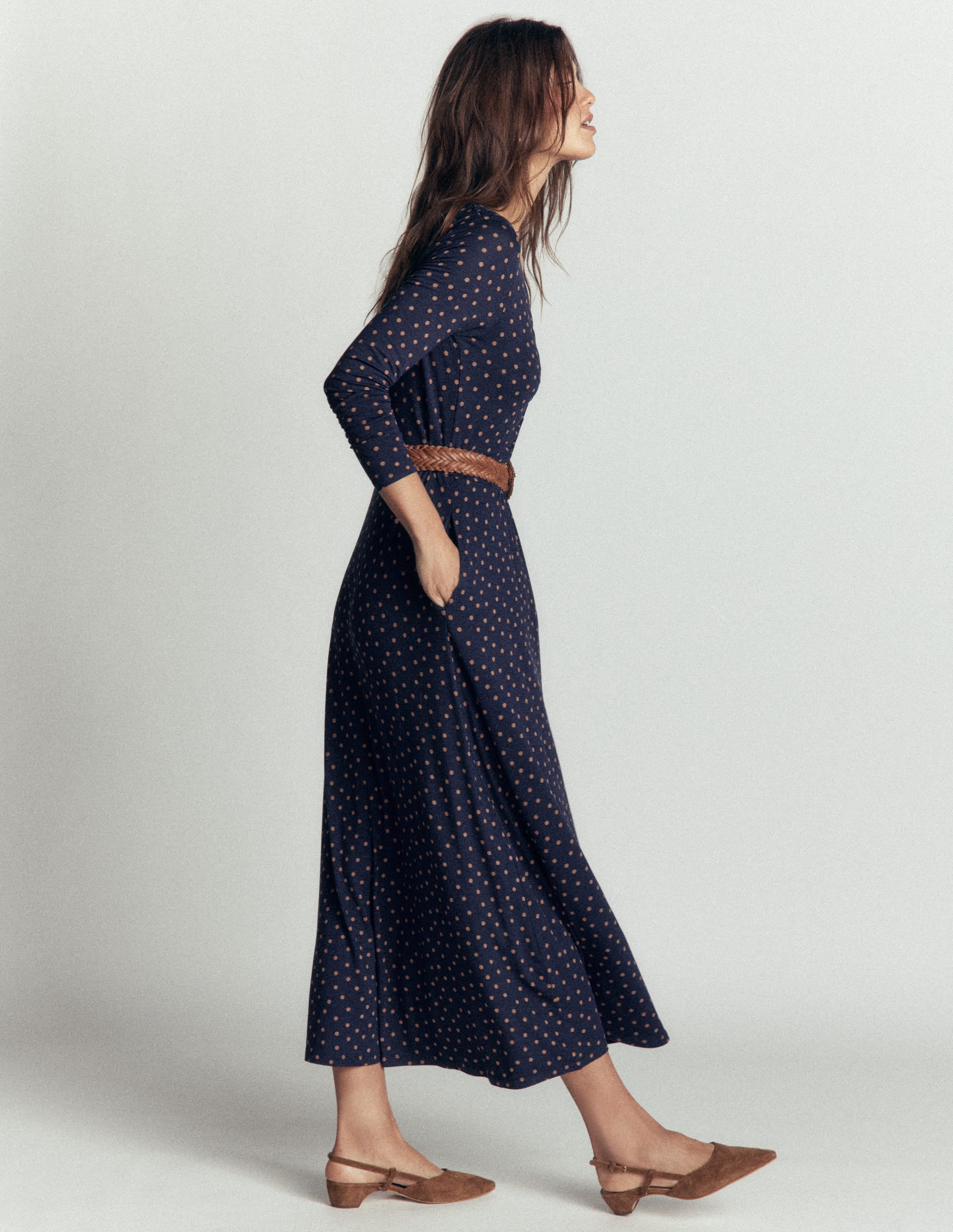 Jasmine Ruched Jersey Dress-French Navy, Painted Dot Space - Image 4