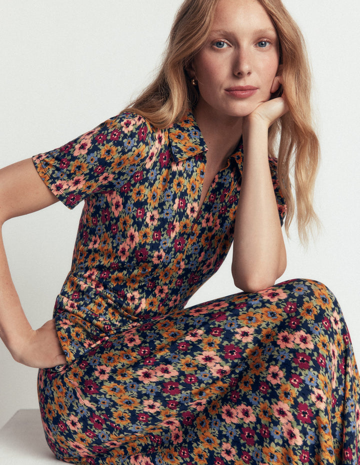 Heidi Jersey Midi Tea Dress-French Navy, Flecked Garden