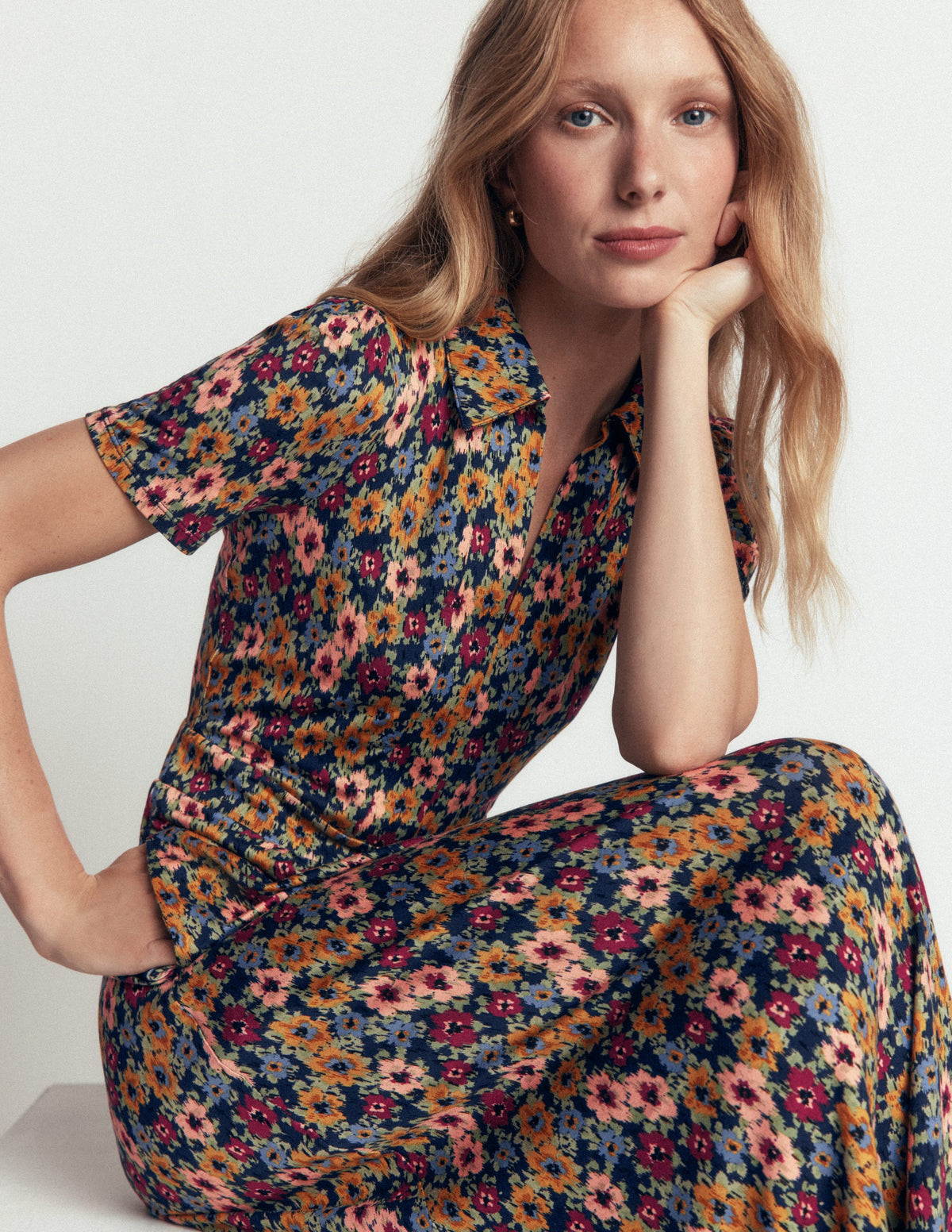 Heidi Jersey Midi Tea Dress - French Navy, Flecked Garden