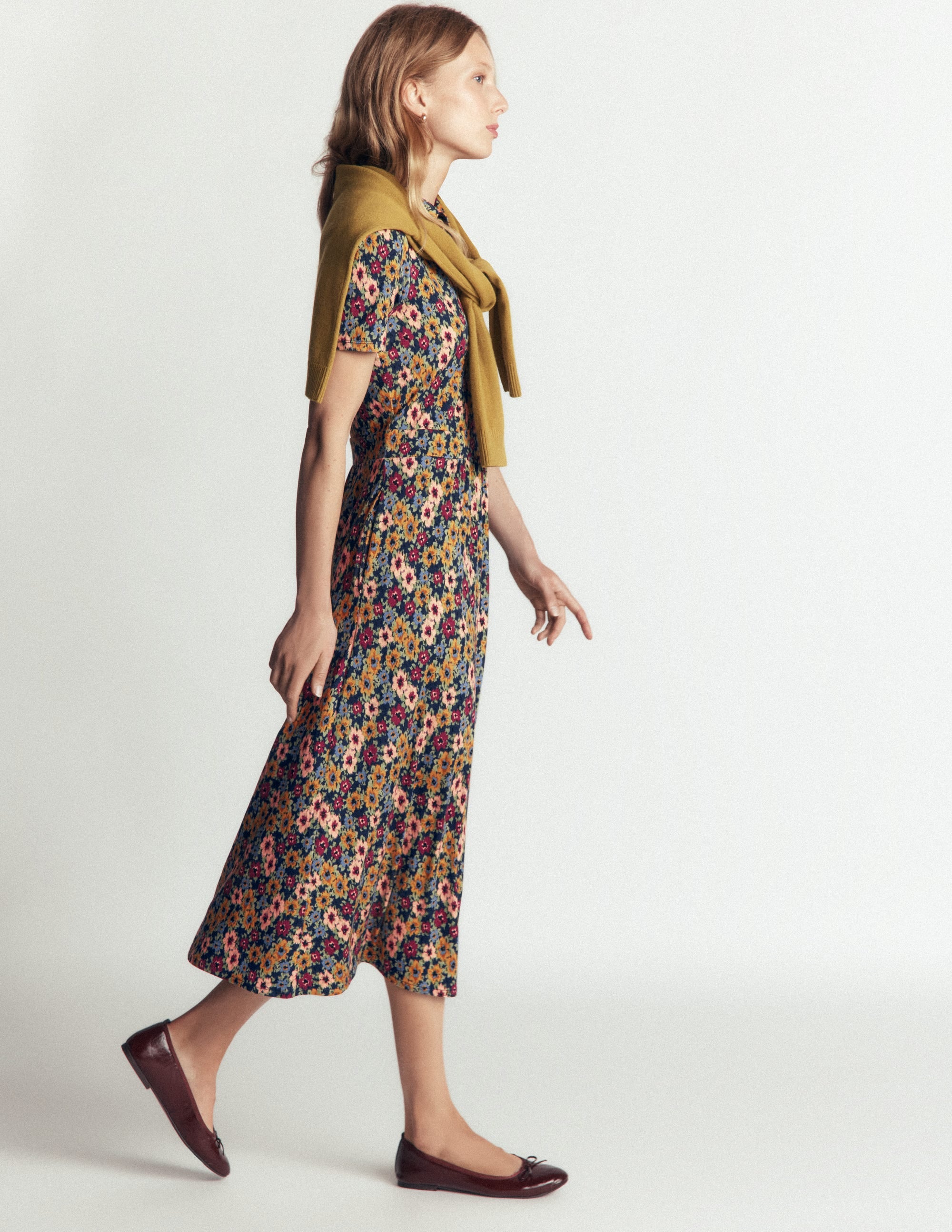 Heidi Jersey Midi Tea Dress-French Navy, Flecked Garden - Image 4