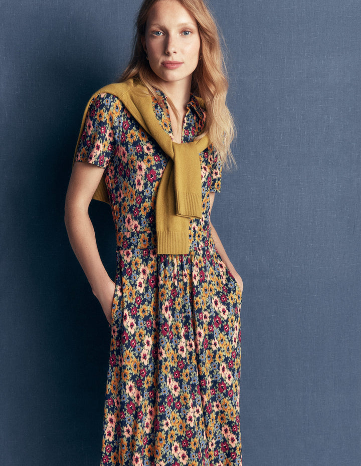 Heidi Jersey Midi Tea Dress-French Navy, Flecked Garden
