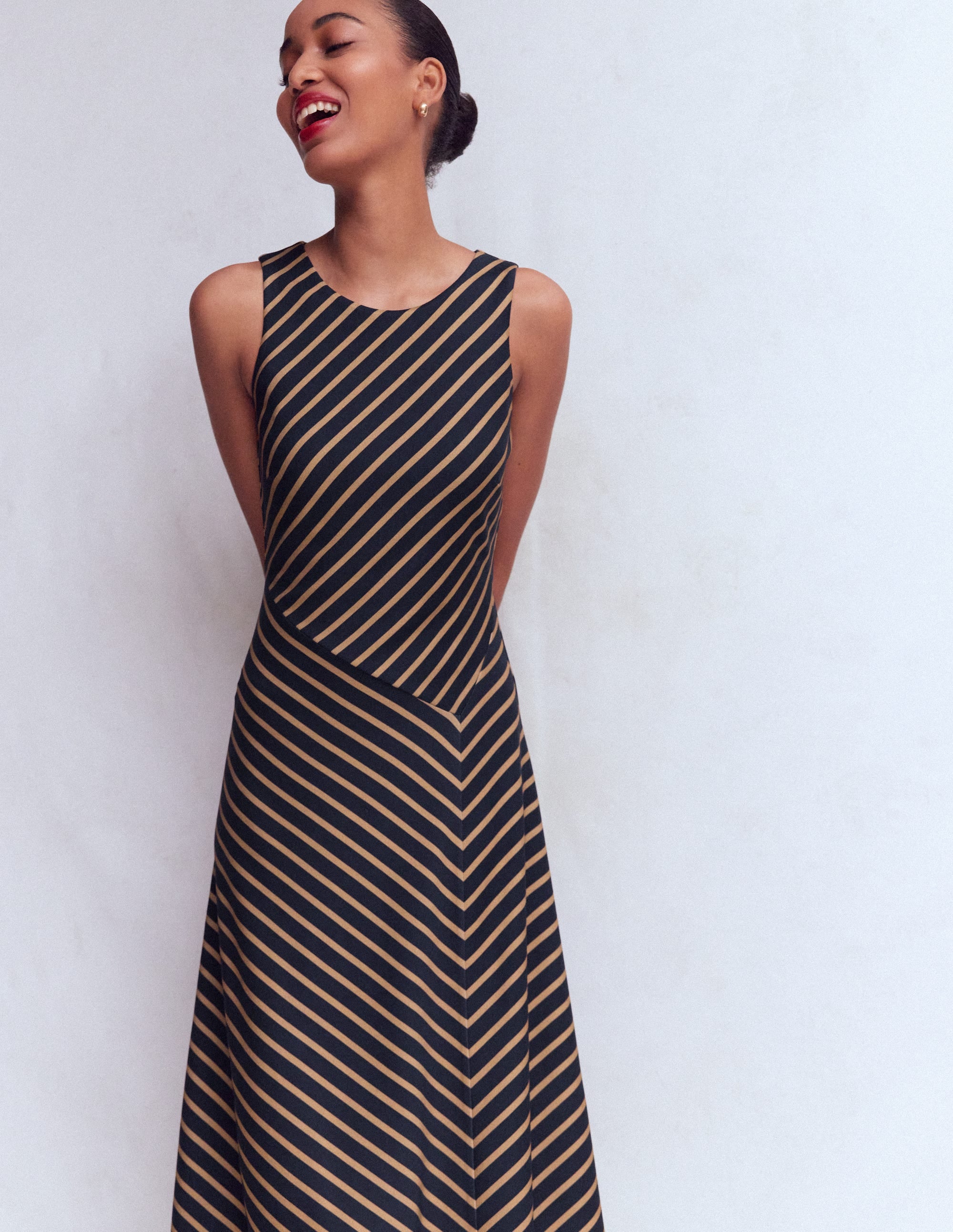 Asymetric Ponte Midi Dress-Navy and Camel Stripe - Image 1