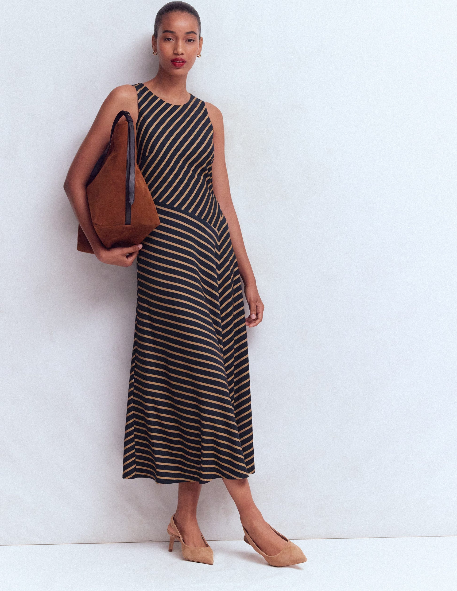 Asymetric Ponte Midi Dress-Navy and Camel Stripe-3