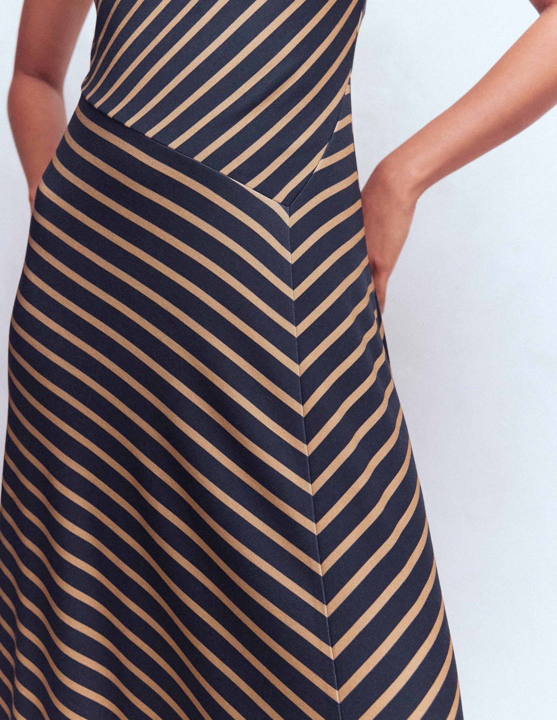 Asymetric Ponte Midi Dress-Navy and Camel Stripe-4