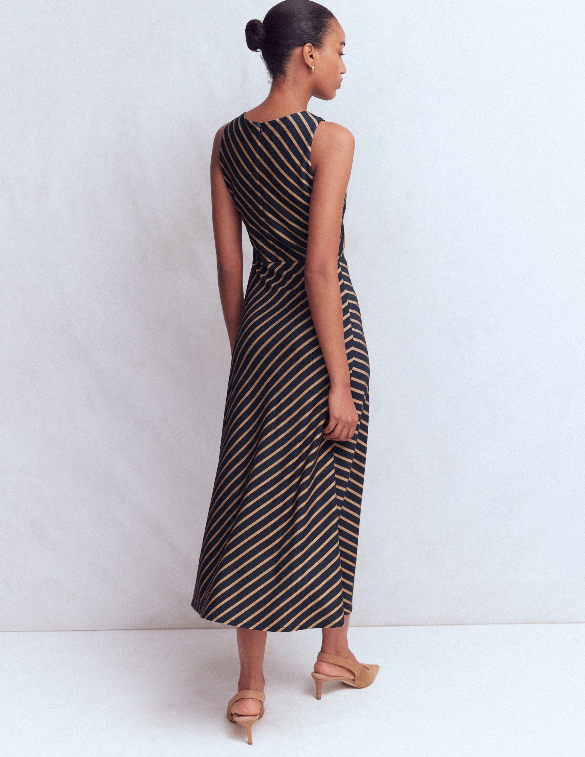 Asymetric Ponte Midi Dress-Navy and Camel Stripe-5