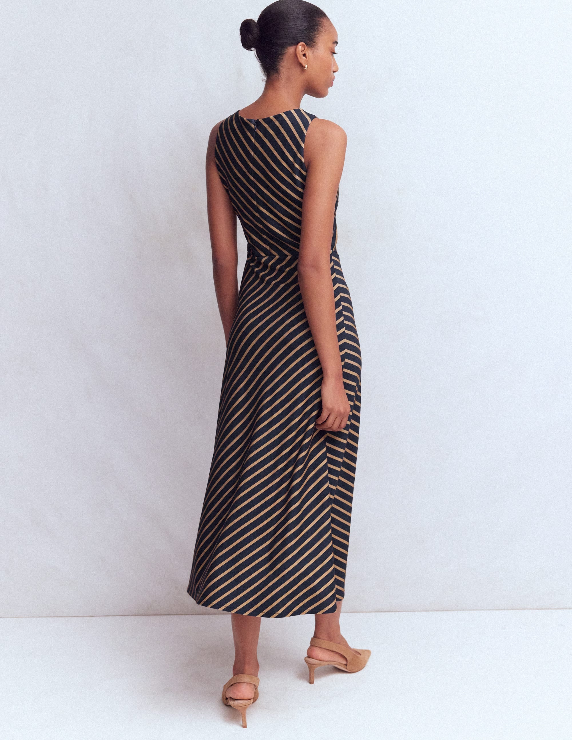 Asymetric Ponte Midi Dress-Navy and Camel Stripe - Image 4