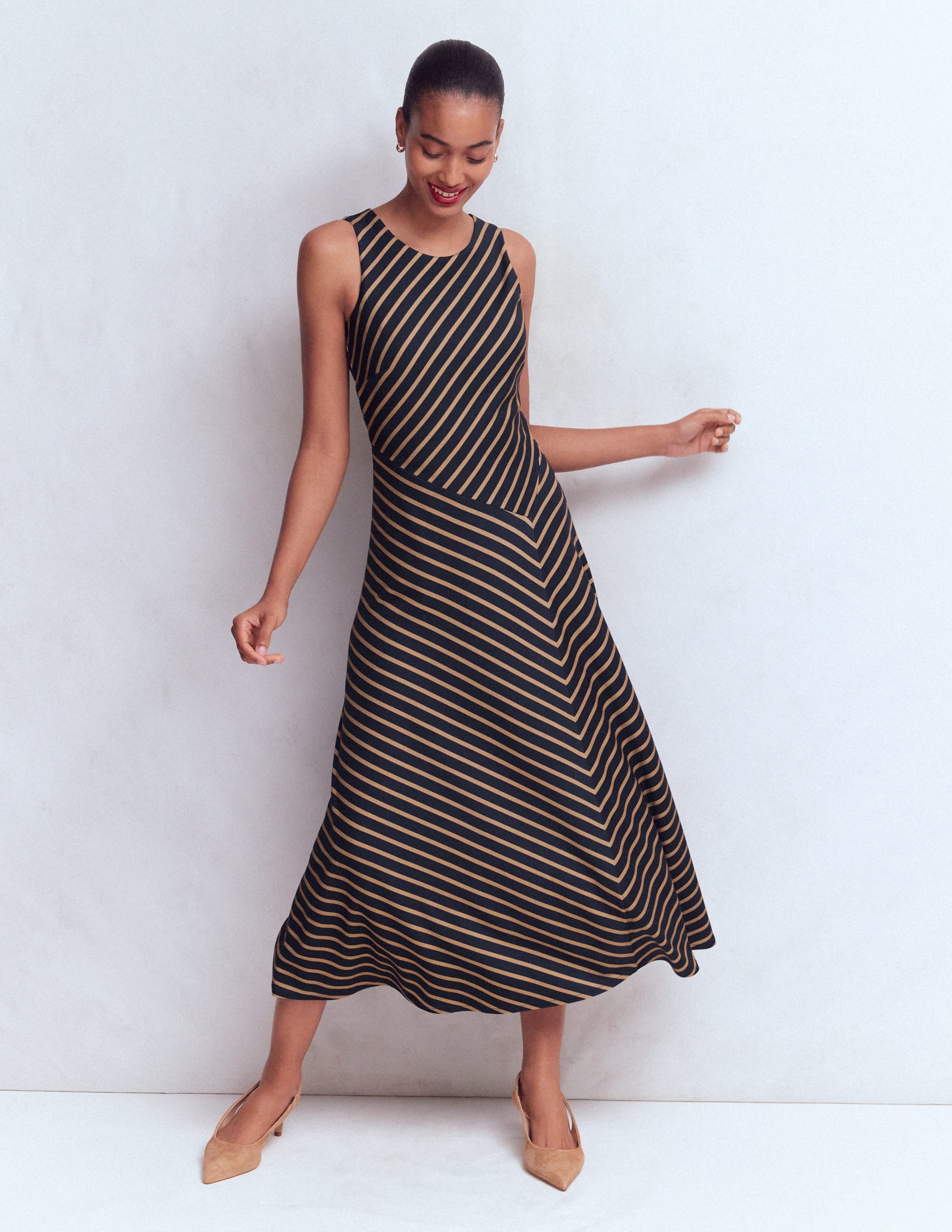 Asymetric Ponte Midi Dress-Navy and Camel Stripe - Image 5