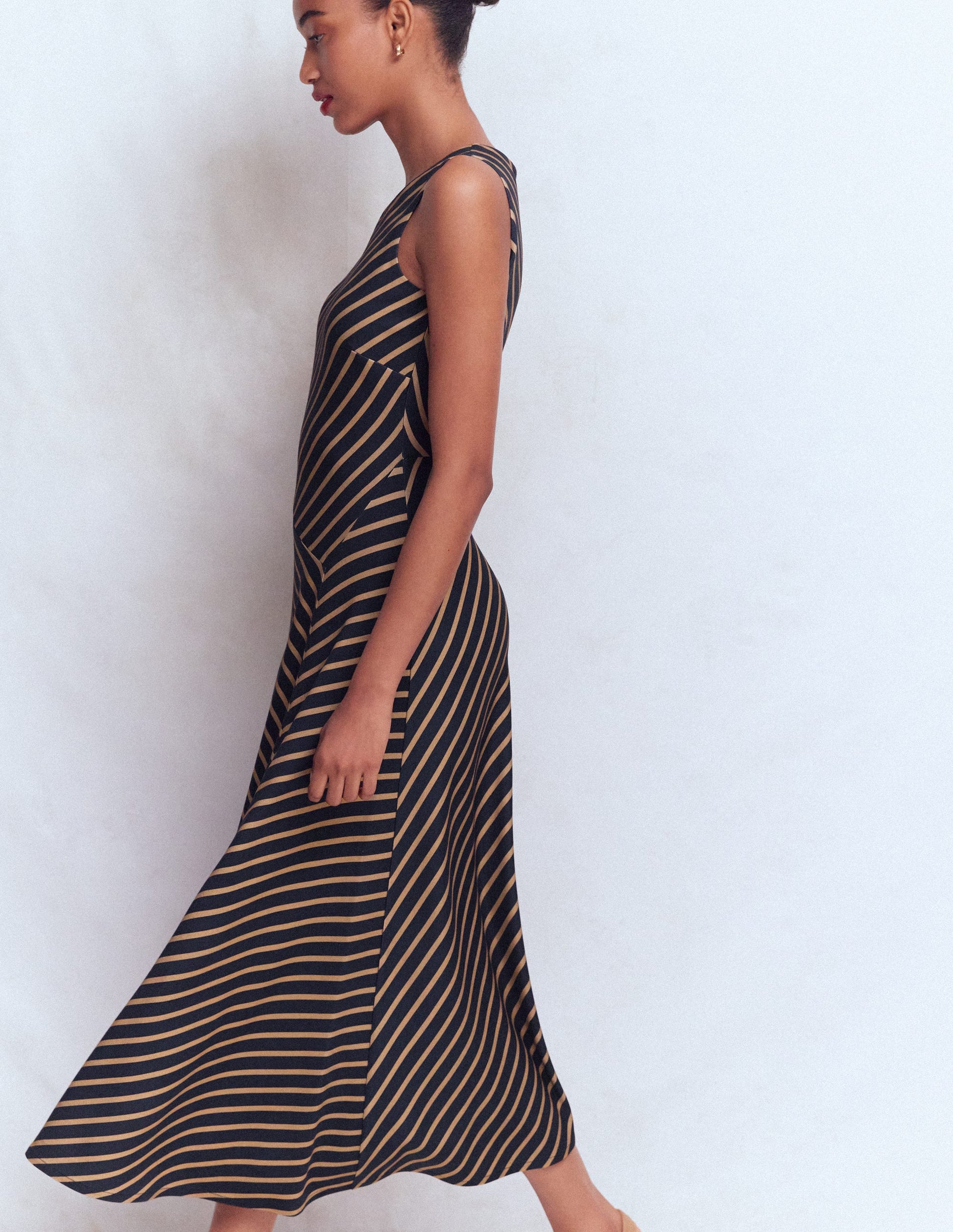 Asymetric Ponte Midi Dress-Navy and Camel Stripe-7