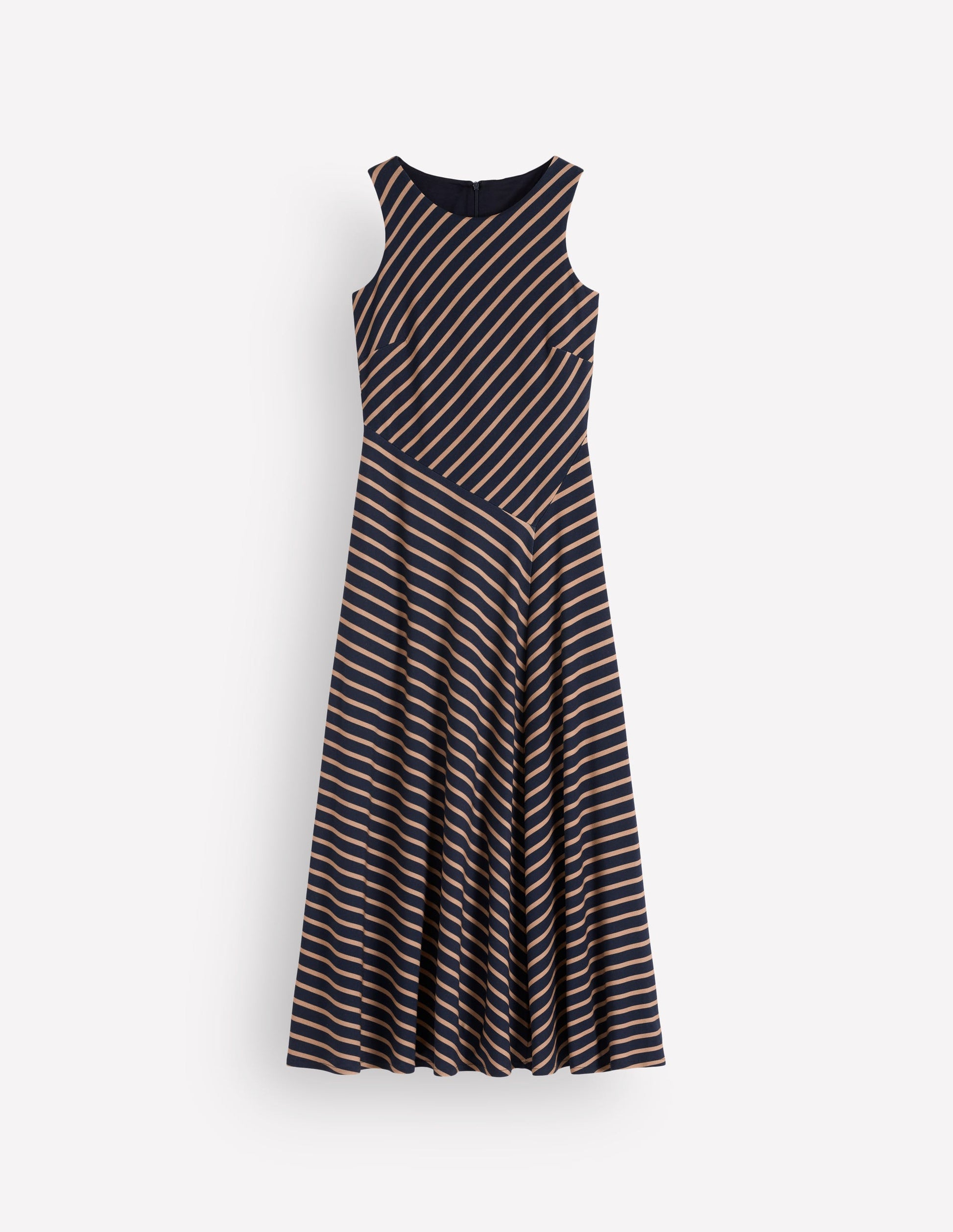 Asymetric Ponte Midi Dress-Navy and Camel Stripe-8