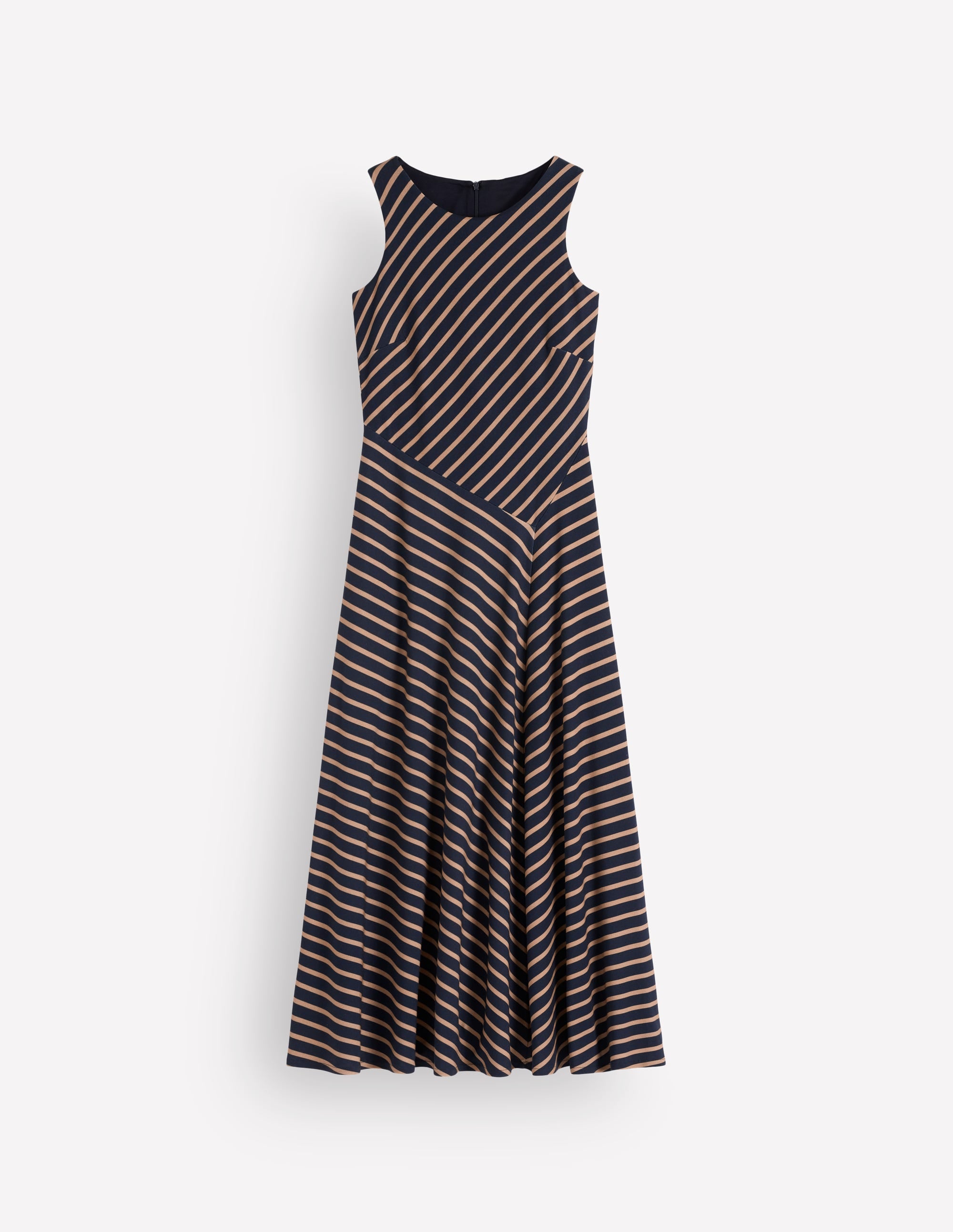 Asymetric Ponte Midi Dress-Navy and Camel Stripe - Image 7
