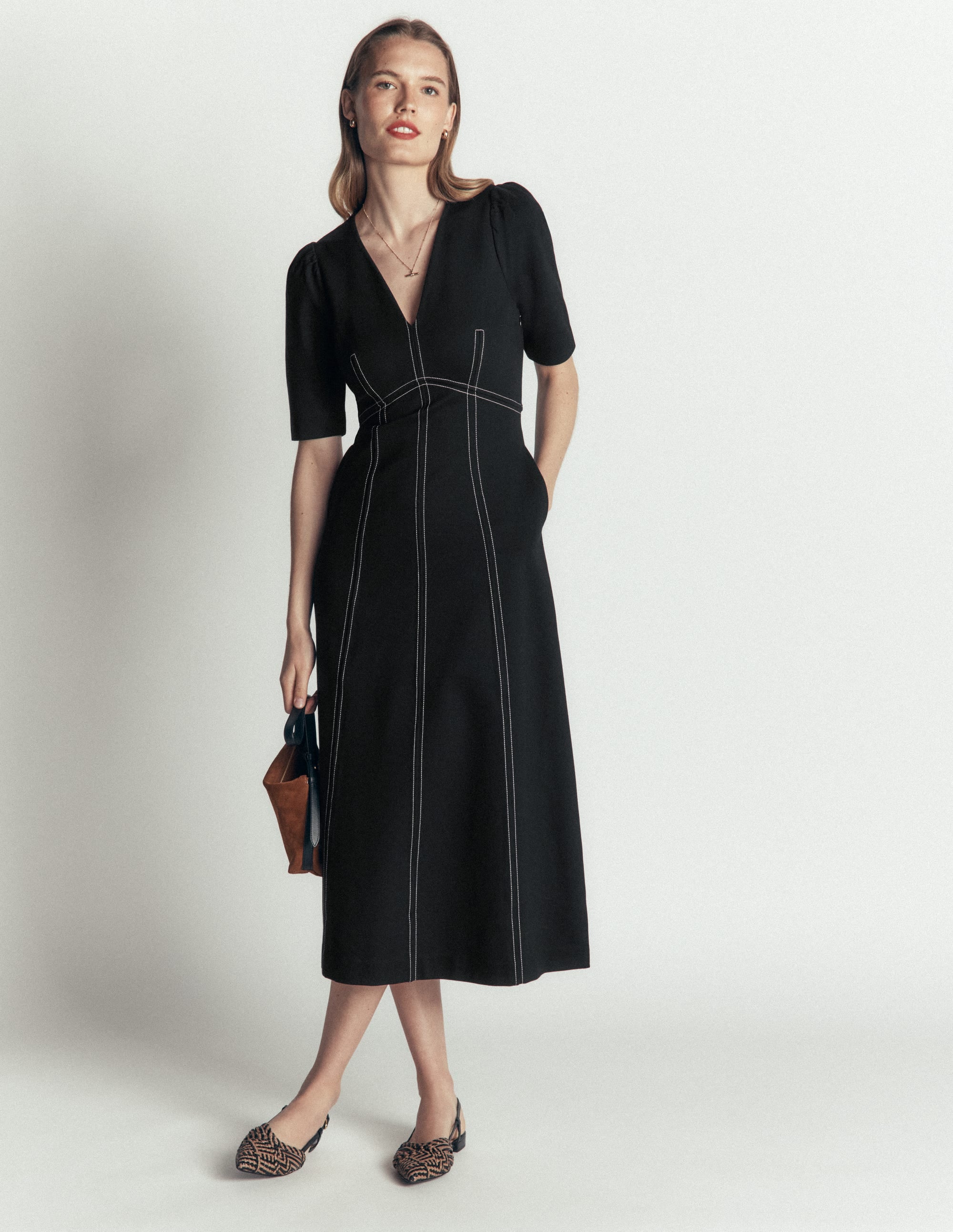 Puff Sleeve Ponte Midi Dress-Black - Image 1