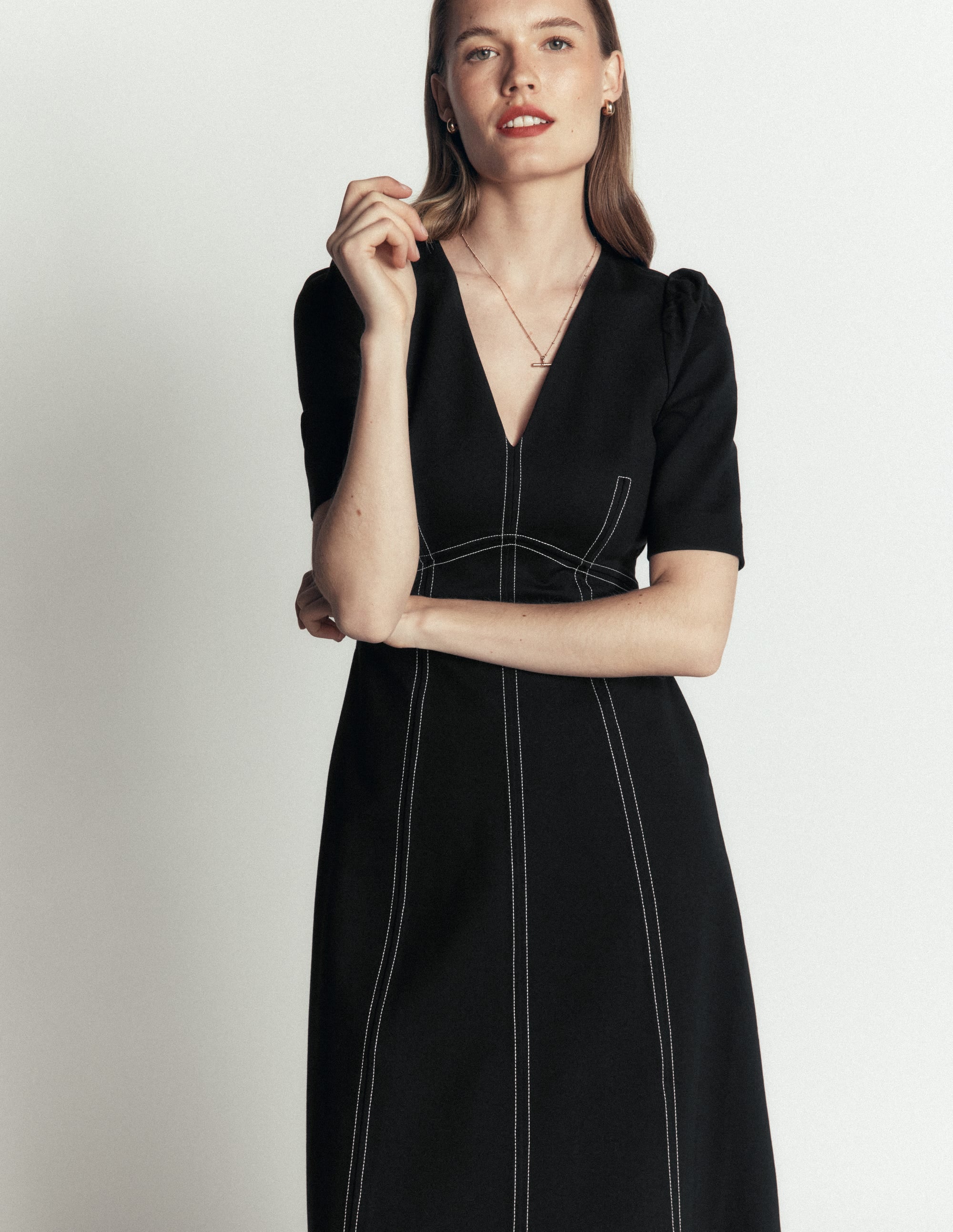 Puff Sleeve Ponte Midi Dress-Black - Image 2