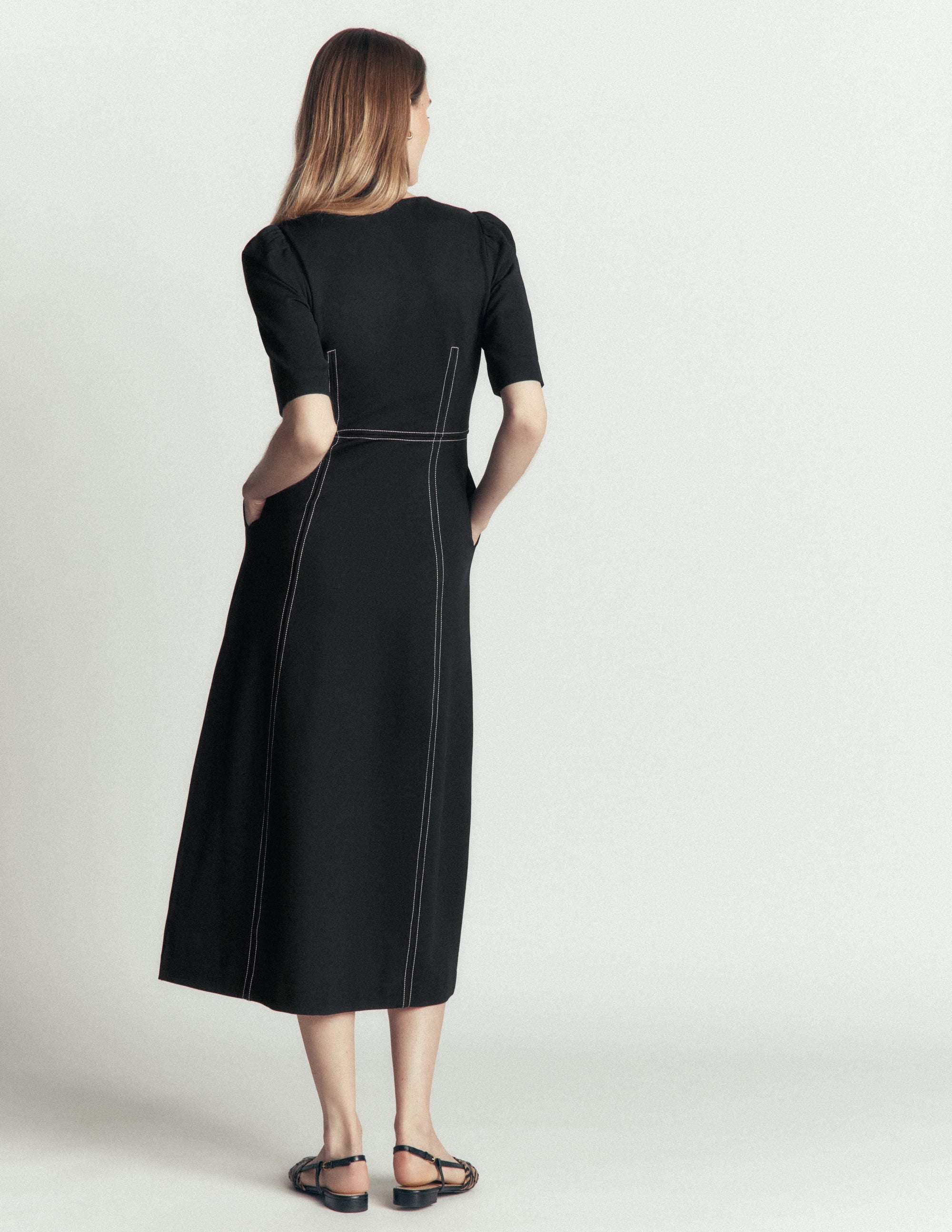 Puff Sleeve Ponte Midi Dress-Black - Image 3