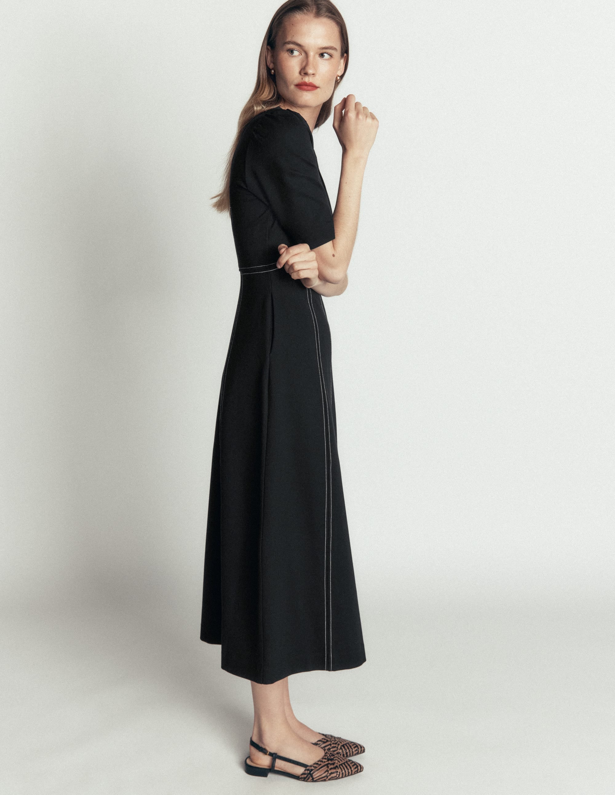 Puff Sleeve Ponte Midi Dress-Black - Image 4