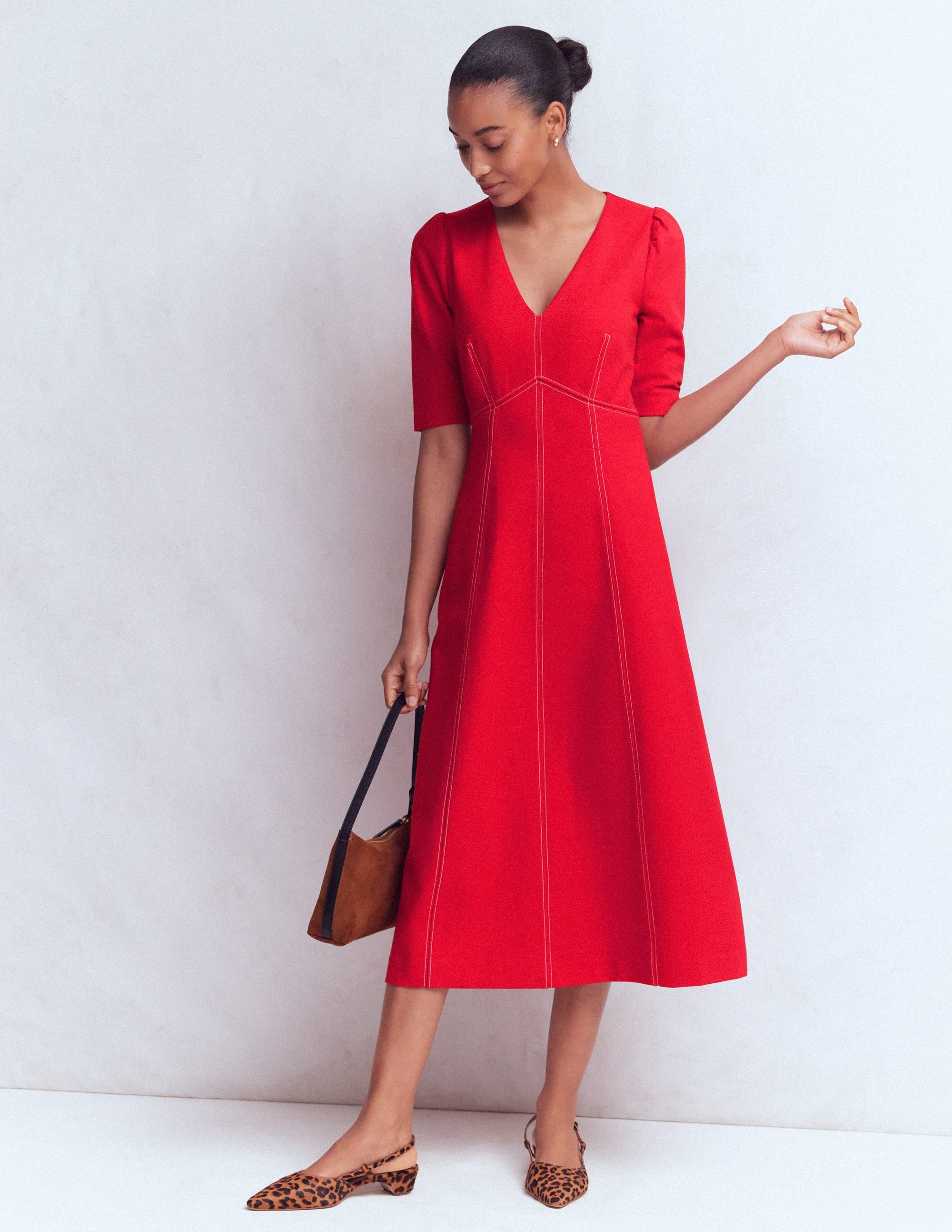 Puff Sleeve Ponte Midi Dress-Merida Red - Image 1