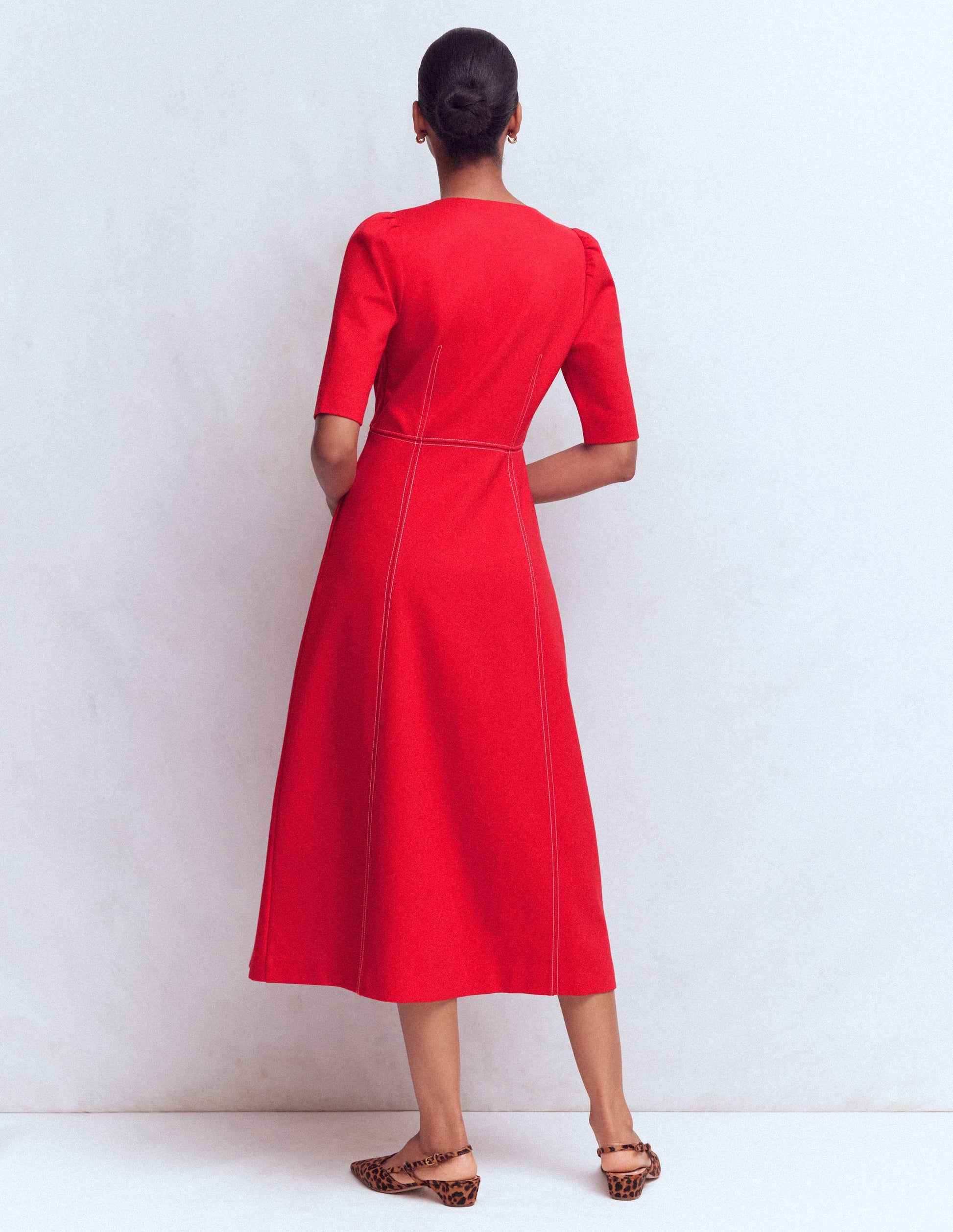 Puff Sleeve Ponte Midi Dress-Merida Red-3