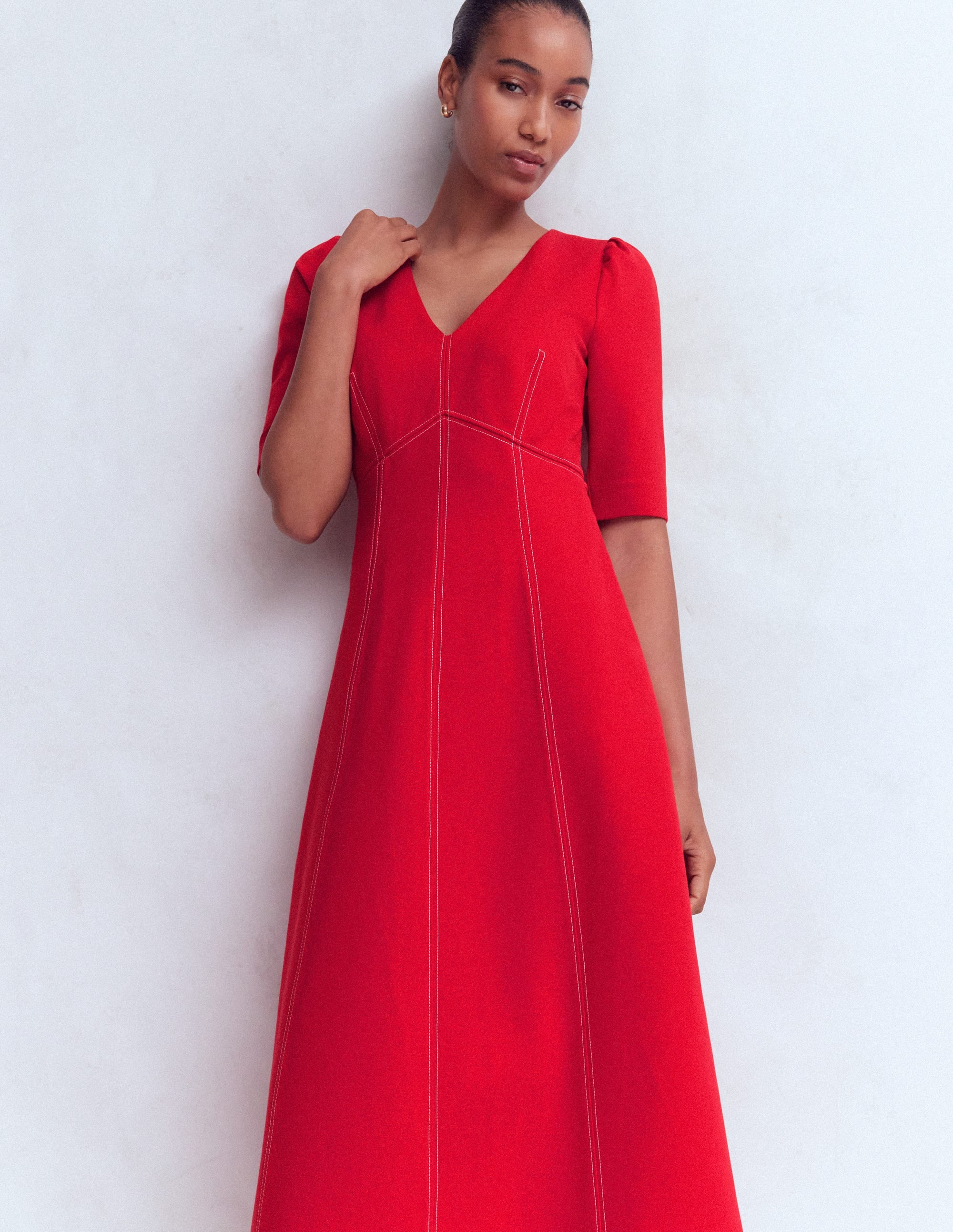 Puff Sleeve Ponte Midi Dress-Merida Red - Image 4