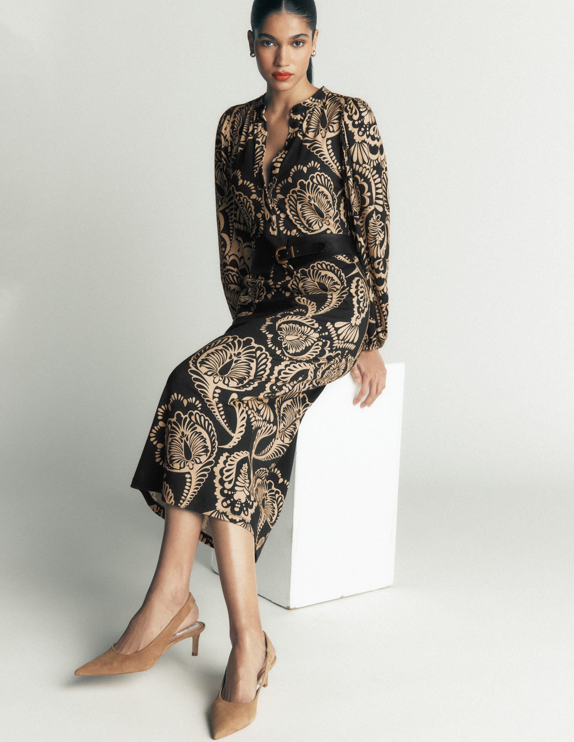 Eli Belted Jersey Midi Dress-Black, Flourishing Medley - Image 2